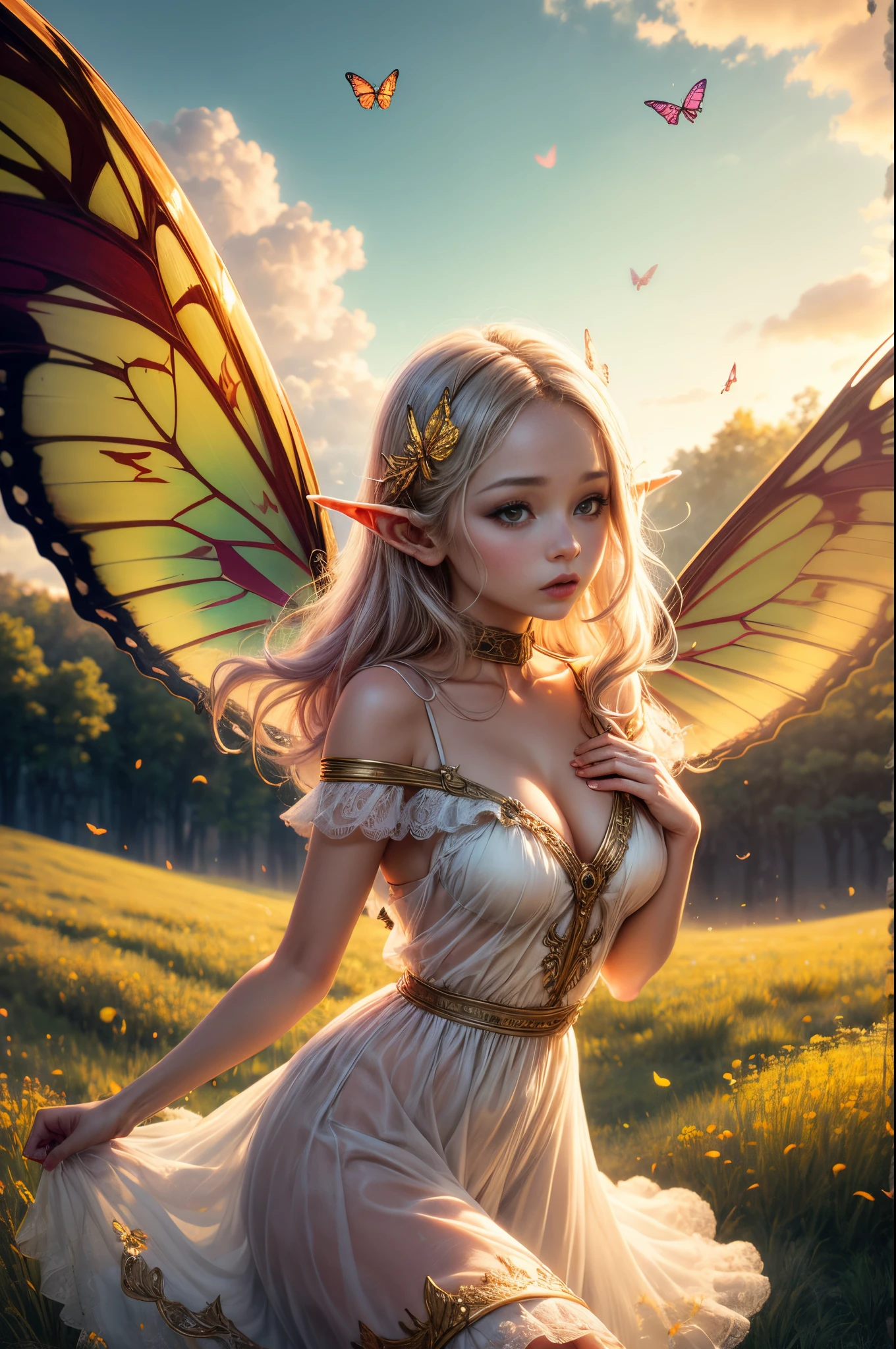 "((Innocent)) Elf girl, golden hour, dreamy meadow, ethereal, whimsical, flowing dress, soft sunlight, enchanting, butterfly wings, (pastel clouds), liquid reflections,frieren