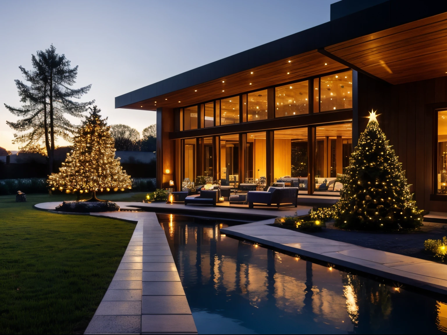 a villa morden, glass window, stone,woodandbrick, garden, Christmas, Christmas tree,sunset