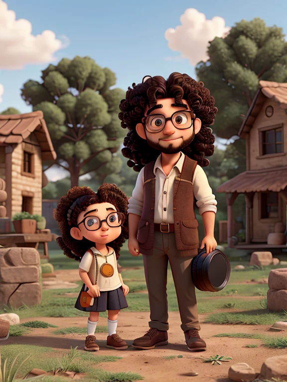 chico de pelo rizado, not too thick beard and round glasses carrying an analog camera next to a girl with long curly hair and round glasses
