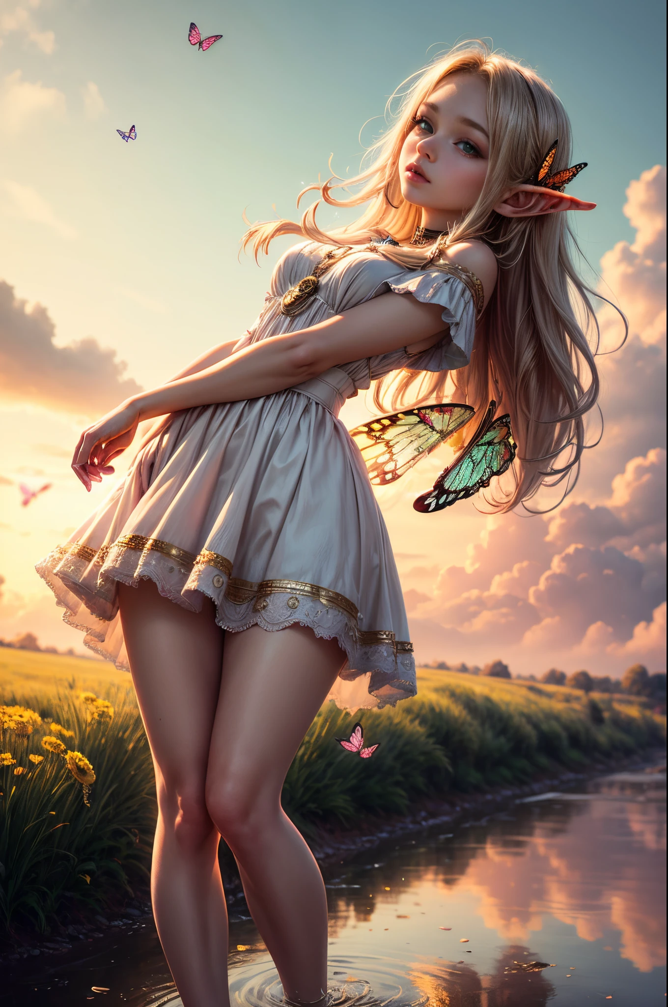 "((Innocent)) Elf girl, golden hour, dreamy meadow, ethereal, whimsical, flowing dress, soft sunlight, enchanting, butterfly wings, (pastel clouds), liquid reflections,frieren