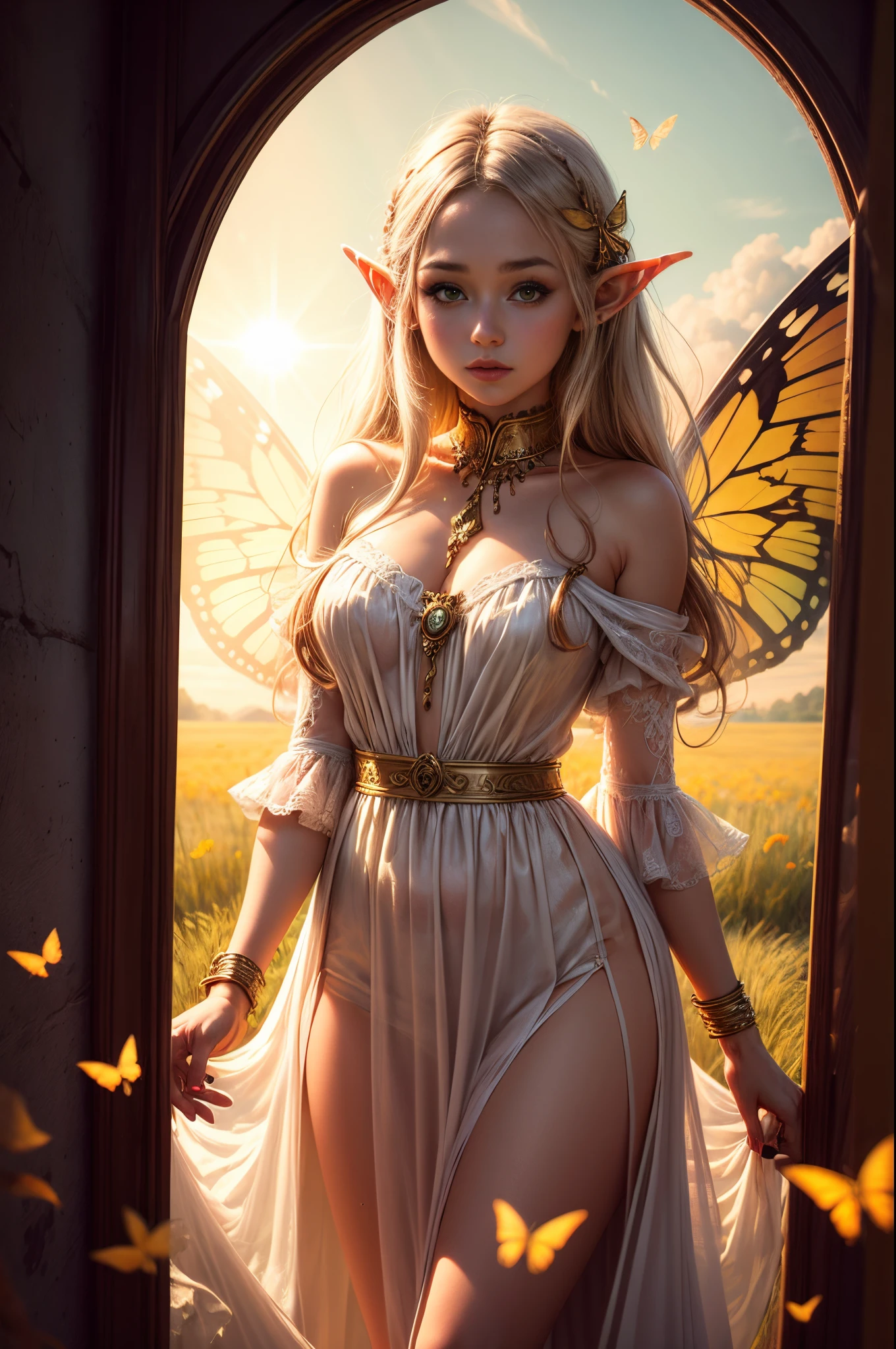"((Innocent)) Elf girl, golden hour, dreamy meadow, ethereal, whimsical, flowing dress, soft sunlight, enchanting, butterfly wings, (pastel clouds), liquid reflections,frieren