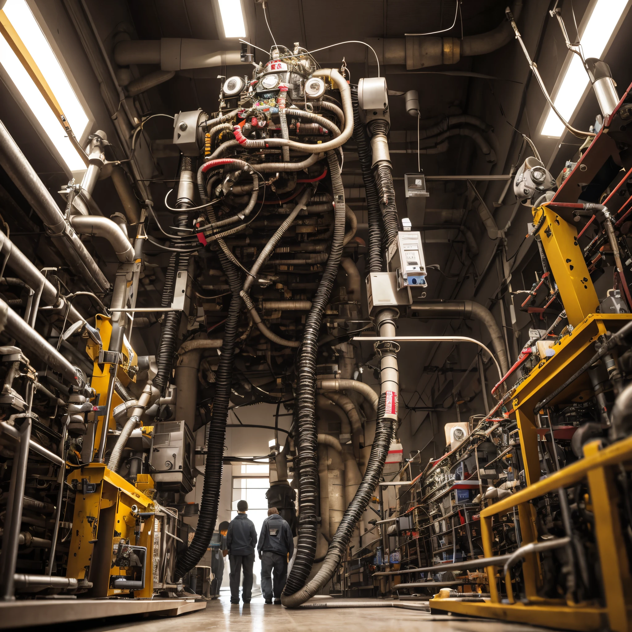 16k, ultra detailed image, foto realista, humanoid robot, robot with many eyes, the robot coming at us, huge walking robot, Creepy robots, industrial robots, creepy industrial robots, factory mechanisms, bloods, meat, Horror, creepy robots, Blade, saws, Wire, pneumatics, pipes, dinamic lighting, flickering light