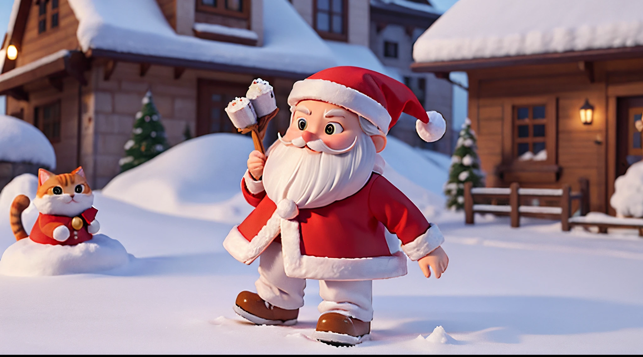 cat santa and snow 3d rendered