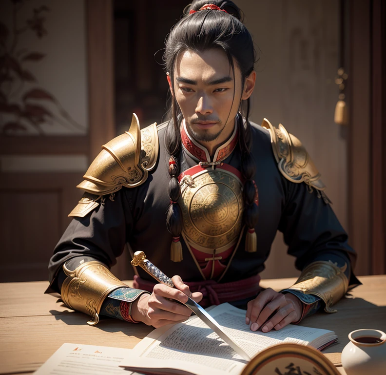 The ancient Chinese man wears gold armor and holds a sword, handsome, siting