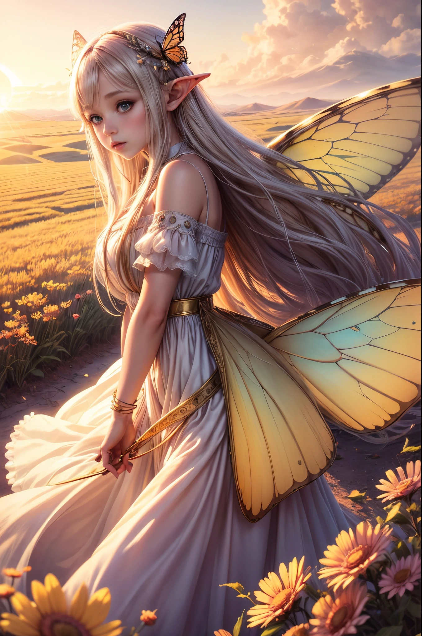 "((Innocent)) Elf girl, golden hour, dreamy meadow, ethereal, whimsical, flowing dress, soft sunlight, enchanting, butterfly wings, (pastel clouds), liquid reflections,frieren