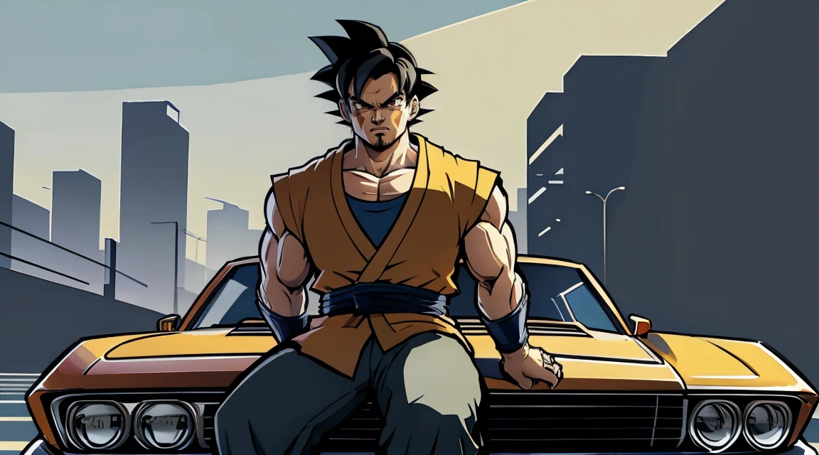 (masterpiece, best quality), son goku from dragonball z, serious, car, sitting in drivers sit, arms resting out of the car windows, shot from outside, city streets, gtav style, grand theft auto, clean lines