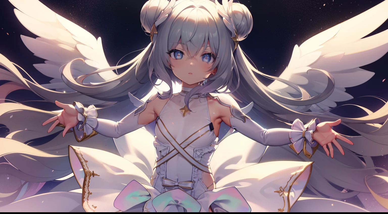 (masterpiece:1.2), best quality,(((beautiful))), (((hands open)))high resolution, (illustration:0.8), (beautiful detailed eyes:1.6), extremely detailed face, perfect lighting, extremely detailed CG, (((perfect hands, perfect anatomy))), BREAK le malin azur lane, le malin, eyes symbol-shaped pupils, double bun, blue eyes, very long hair, hair bun, bow,white hair, sidelocks, blue hair ribbon, ribbon, BREAK white _dress, angel_wings, white_legwear, long sleeves, white dress, pleated dress, thighband pantyhose, BREAK garden, BREAK looking at viewer, (cowboy shot:1.5),