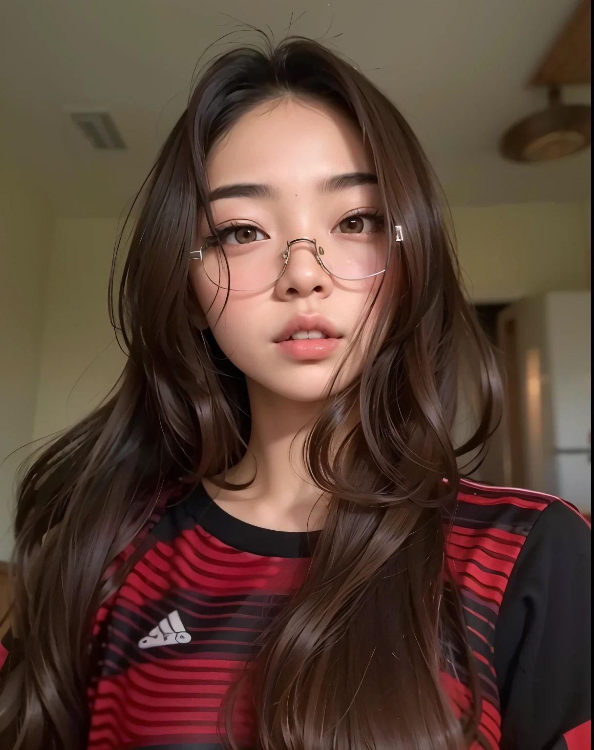 a woman with glasses and a red and black shirt, korean symmetrical face, com cabelos longos e olhos penetrantes, menina coreana, Asian girl with long hair, young adorable korean face, detailed face of a asian girl, kawaii retrato realista, Mulher sul-coreana bonita, Ulzzang, linda mulher coreana jovem, Ilya Kuvshinov com cabelo longo, 🤤 retrato da menina