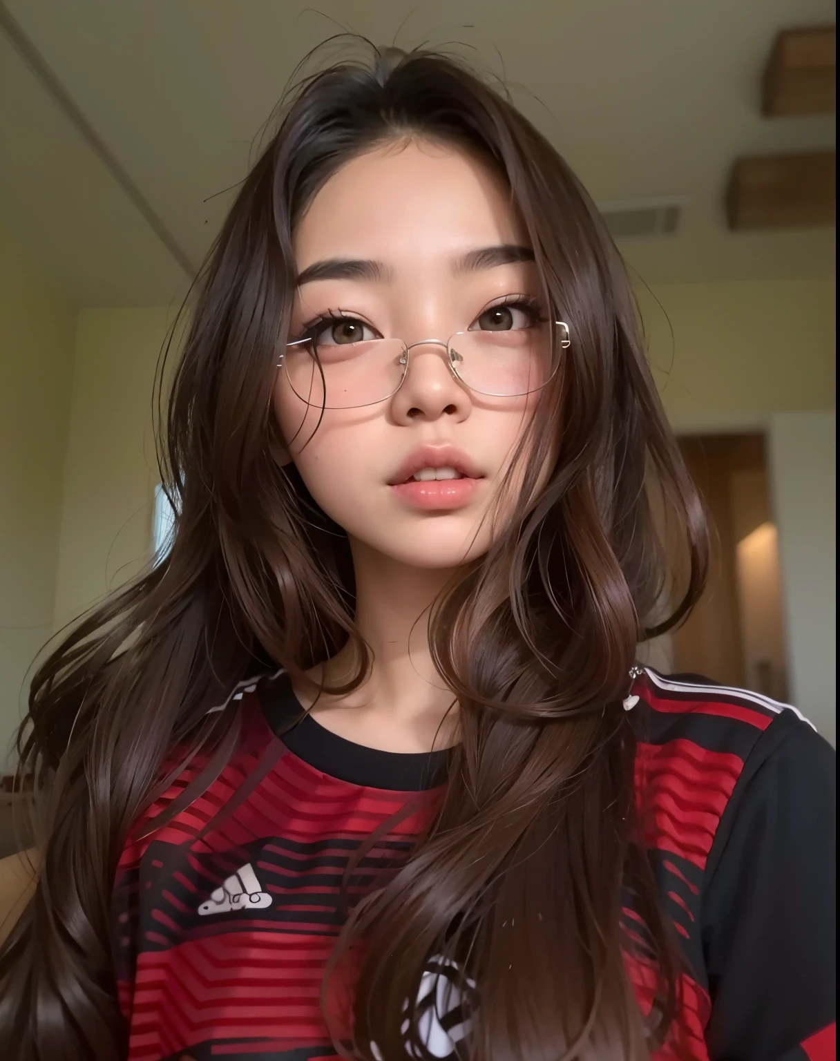a woman with glasses and a red and black shirt, korean symmetrical face, com cabelos longos e olhos penetrantes, menina coreana, Asian girl with long hair, young adorable korean face, detailed face of a asian girl, kawaii retrato realista, Mulher sul-coreana bonita, Ulzzang, linda mulher coreana jovem, Ilya Kuvshinov com cabelo longo, 🤤 retrato da menina