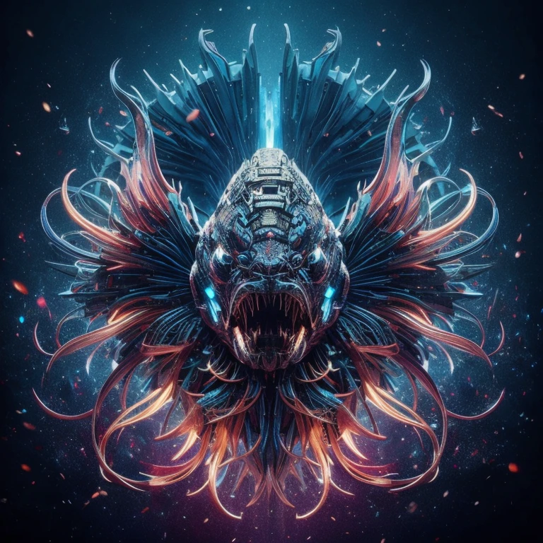 4k, Betta fish Head (Robot), develop gills, wild, sharp teeth, facing forward, blue and black collor, with neon effect background, --Detail-Ultra-RealisticPhoto