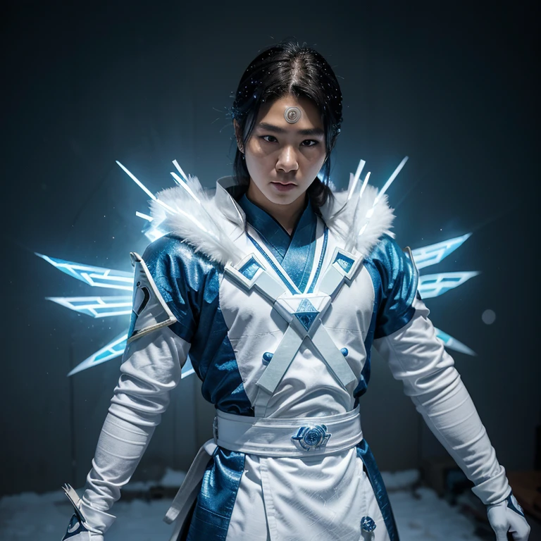 Draw a Korean superhero with a look inspired by the modern culture of South Korea. Ele veste um traje predominantemente azul e branco, incorporating traditional Korean elements in a futuristic way. The superhero has snow-related powers, manifestando gelo e nevascas como sua habilidade especial. Your posture is heroic and confident, with a look that combines advanced technology with Korean cultural symbols. In addition to his snow-related powers, the superhero wields a special dagger, adorned with Korean symbols that glow with an icy glow. The dagger is an extension of your power, Able to control and amplify your snow manipulation abilities, allowing you to channel and direct your skills accurately and efficiently against opponents