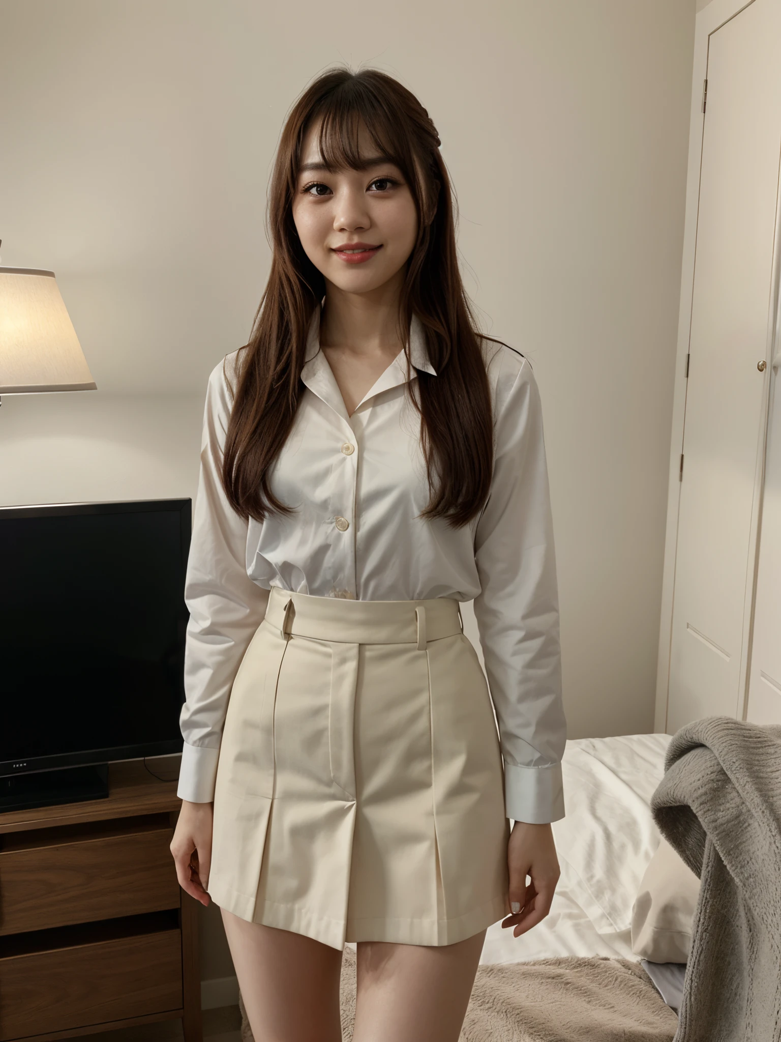 Black Eyes, 1 woman, (female)), solo, real, top quality, photorealistic, masterpiece, 8K, HDTV, solo, hdtv face, soft lighting, bedroom, ((daytime)), sky, (looking at camera), (portrait: 0.6), full-body, (medium hair), ponytail, brown hair, floating hair, lips, lipstick, seductive smile, Floating hair, smile, open mouth, teeth, eyelashes, Nogizaka 46, Moeka Tada, Akari Suda, idol, beautiful girl, ((uniform)), (((standing))