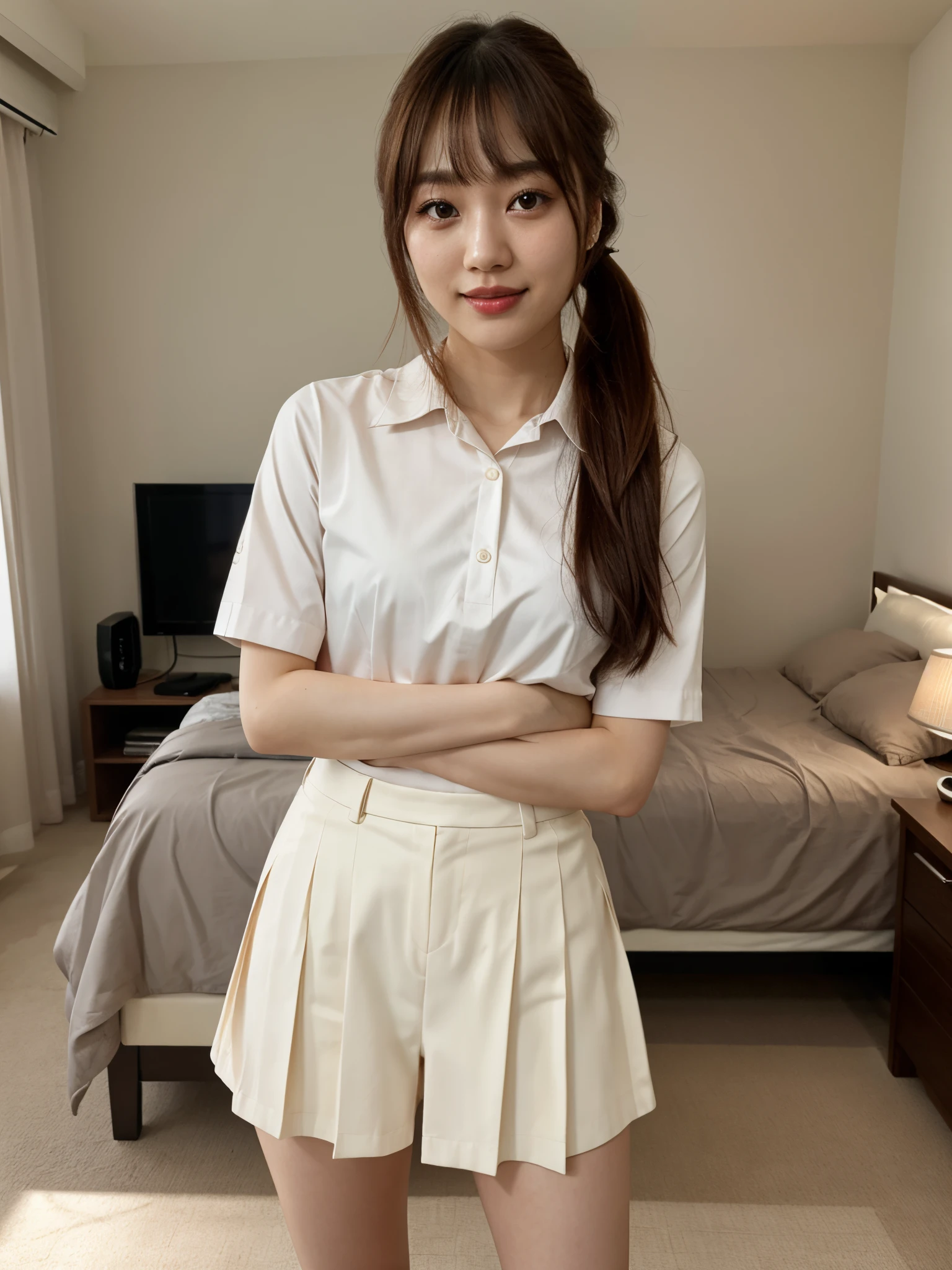 Black Eyes, 1 woman, (female)), solo, real, top quality, photorealistic, masterpiece, 8K, HDTV, solo, hdtv face, soft lighting, bedroom, ((daytime)), sky, (looking at camera), (portrait: 0.6), full-body, (medium hair), ponytail, brown hair, floating hair, lips, lipstick, seductive smile, Floating hair, smile, open mouth, teeth, eyelashes, Nogizaka 46, Moeka Tada, Akari Suda, idol, beautiful girl, ((uniform)), (((standing))
