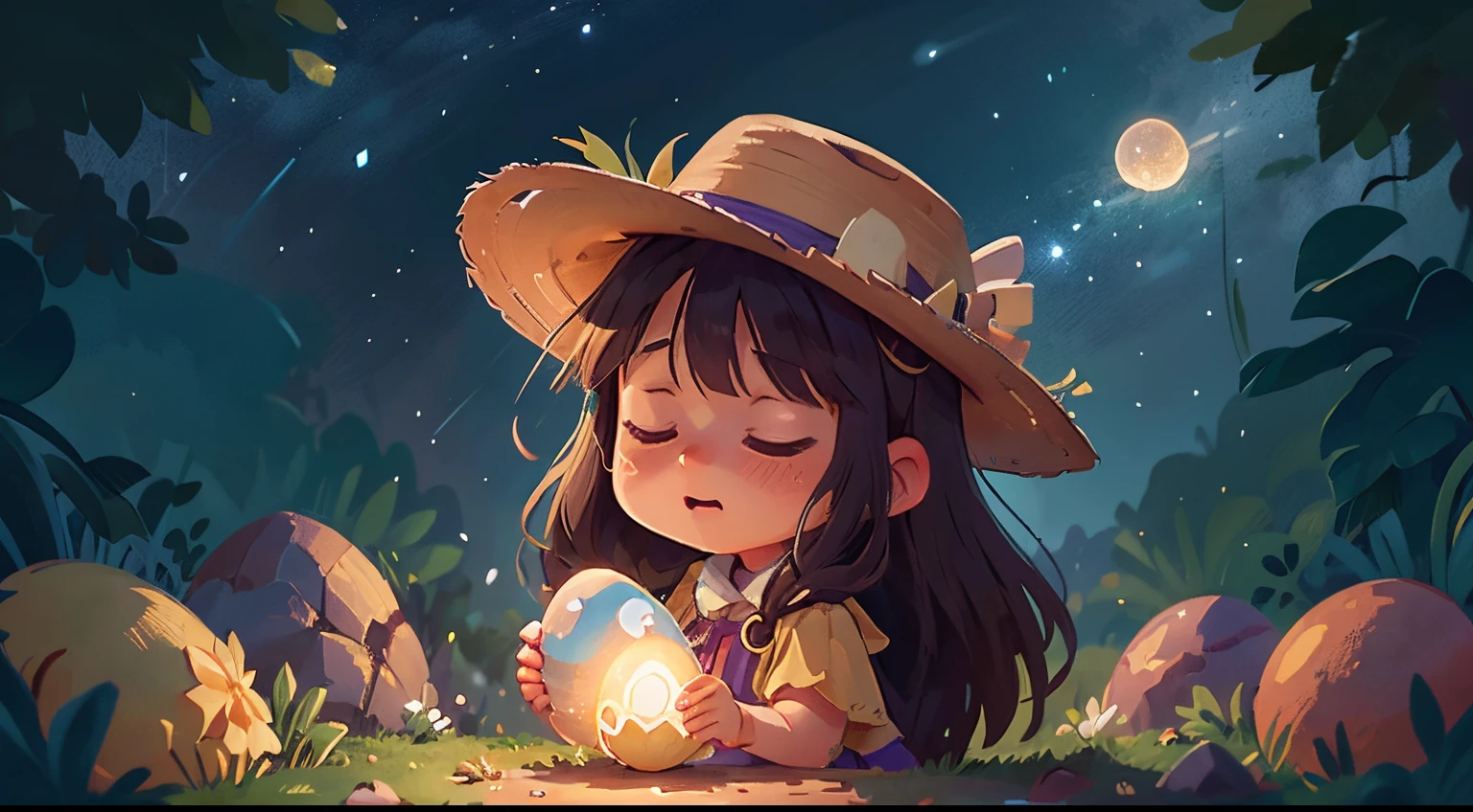 Generate an enchanting illustration featuring Maria, the 6-year-old toddler girl with long brown hair, adorned in her delightful cowboy outfit, including a charming cowboy hat. Picture Maria closing her eyes atop the mountain summit, holding the magical egg with both hands and making a wish. Surround her with a soft, glowing aura as the egg emits beams of colorful light. The background should showcase a celestial sky filled with stars and a crescent moon, creating a magical and serene atmosphere. The scene is set in a 16:9 ratio, capturing the beauty of Maria's wish-making moment