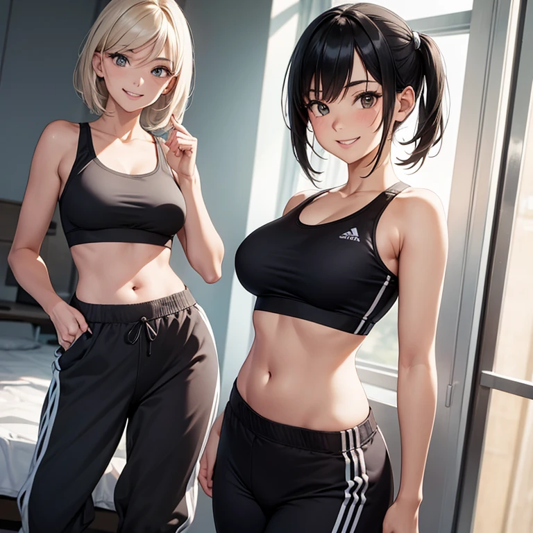 A 25 years old girl wearing short Sports bra's and joggers, smiling face, looking at viewer