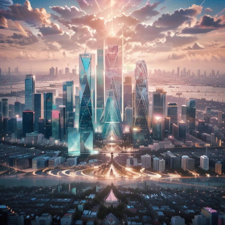 a close up of a city skyline with a tall building in the background, a tilt shift photo by Andrei Kolkoutine, pexels contest winner, modernism, pastel sky, towering over a city, illinois vaporwave, pink golden hour, towering over your view, skyscapers, pink skies, skyscrapers in the distance, pastel sunset, the sky pink