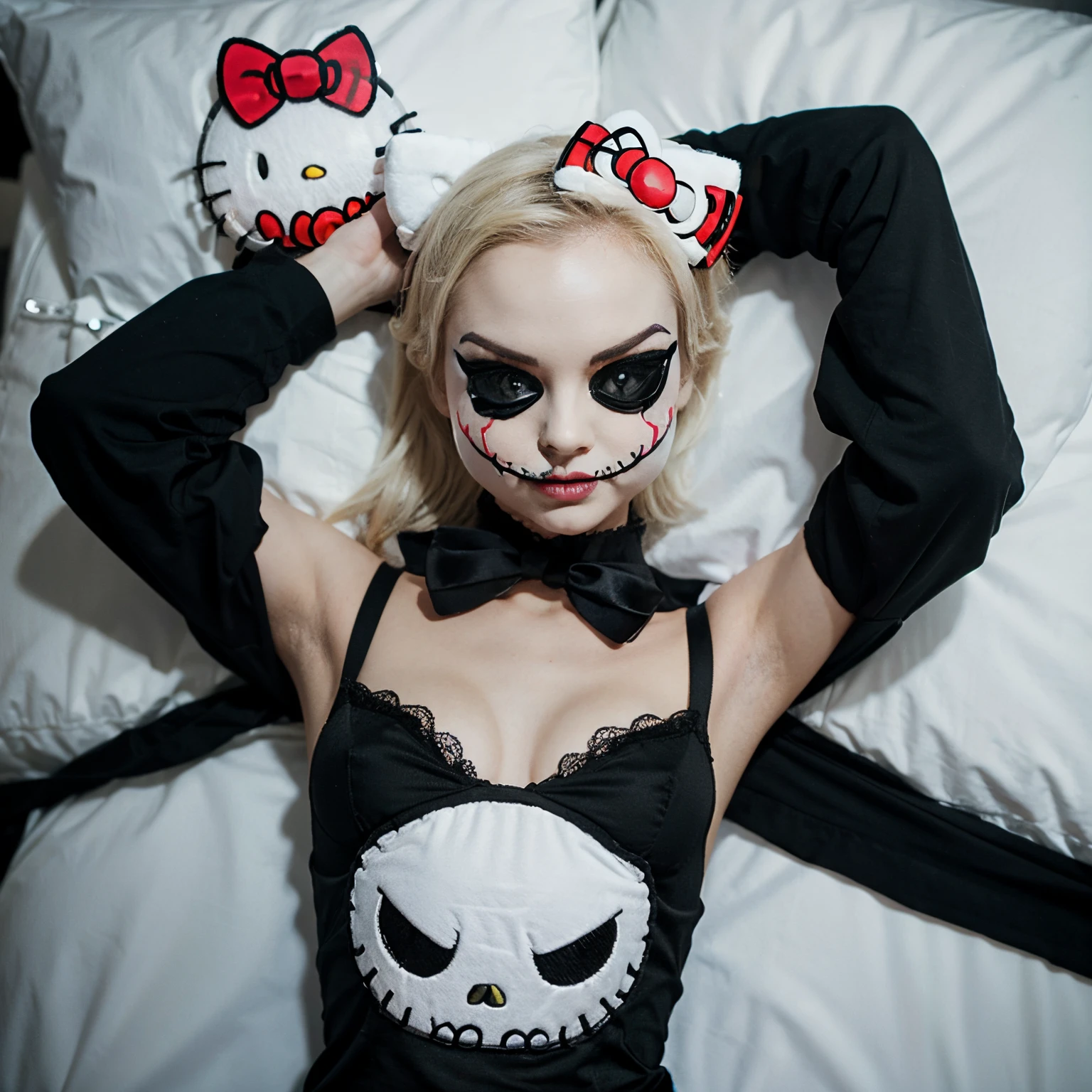 arafed woman laying on a bed with a man in a mask, anna nikonova aka newmilky, scary pose, behind her is a scary atmosphere, masked, creepy pose, sinister pose, angelawhite, pokimane, the mask covers her entire face, 🔞🤡, scary look, mask off, amouranth, dasha taran