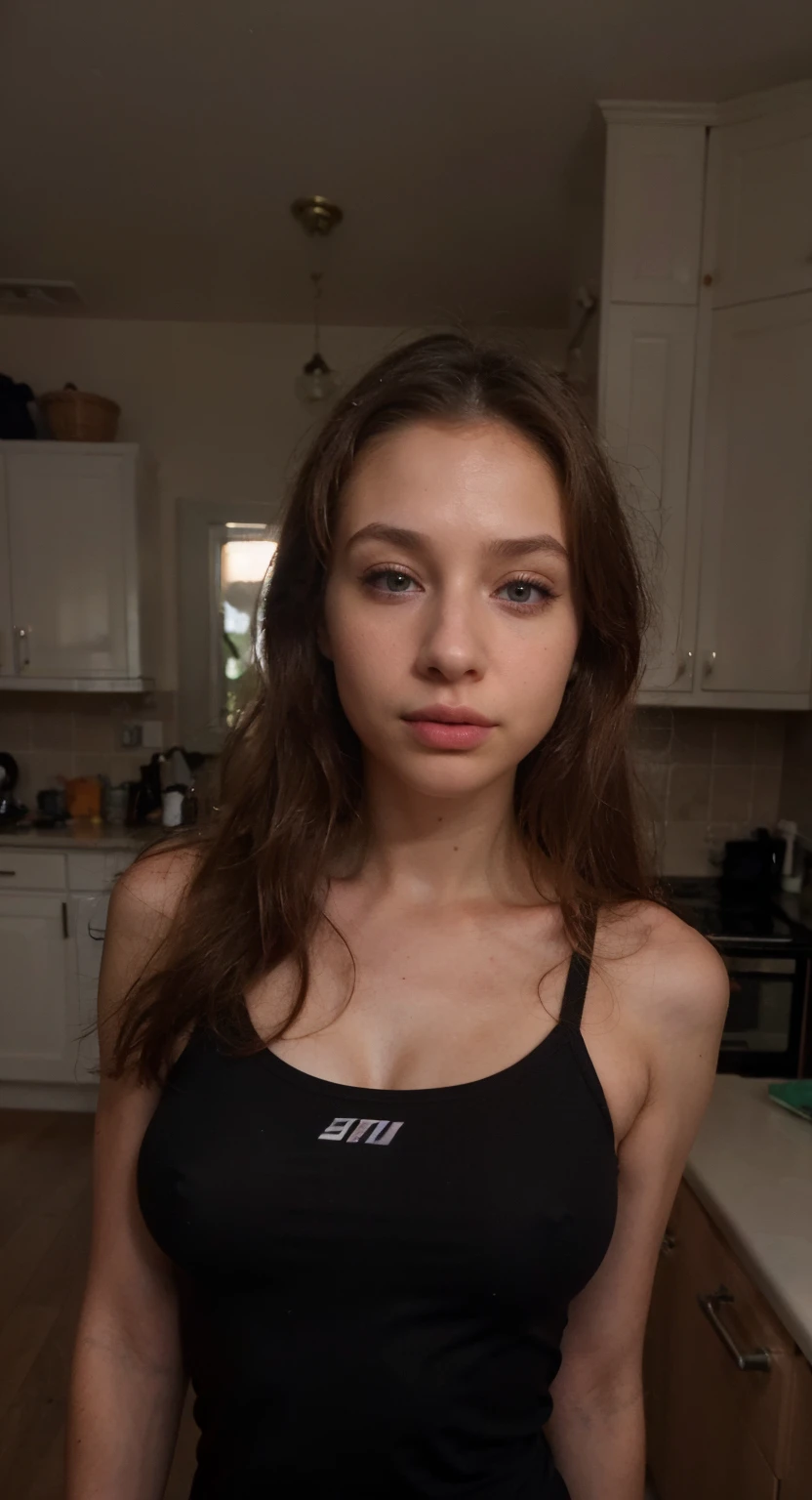 Arafed Full Woman, with Blue Eyes, Ultra Realistic, Meticulously Detailed, Portrait of Sophie Mudd, Blonde Hair, Selfie of a Young Woman, Bedroom Eyes, Violet Myers, No Makeup, Natural Makeup, Looking Directly at the Camera, face artgram, subtle make-up, Impressive photo of the whole body standing in the kitchen, In the kitchen, small size chest, allowing the face to be seen clearly, portrait , wearing black activewear, black activewear, activewear