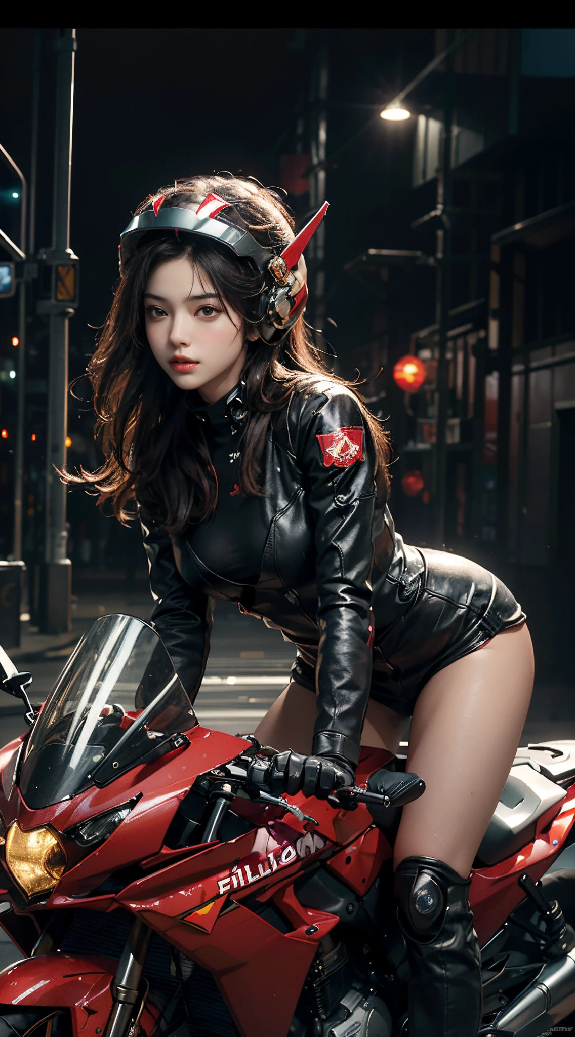 Highest image quality, outstanding detail, ultra-high resolution, (fidelity: 1.4), best illustration, favor details, highly condensed 1girl, with a delicate and beautiful face, dressed in black and red mecha, wearing a mecha helmet, holding a direction controller, riding on a motorcycle, the background a high-tech lighting scene of the future city. leaning forward,