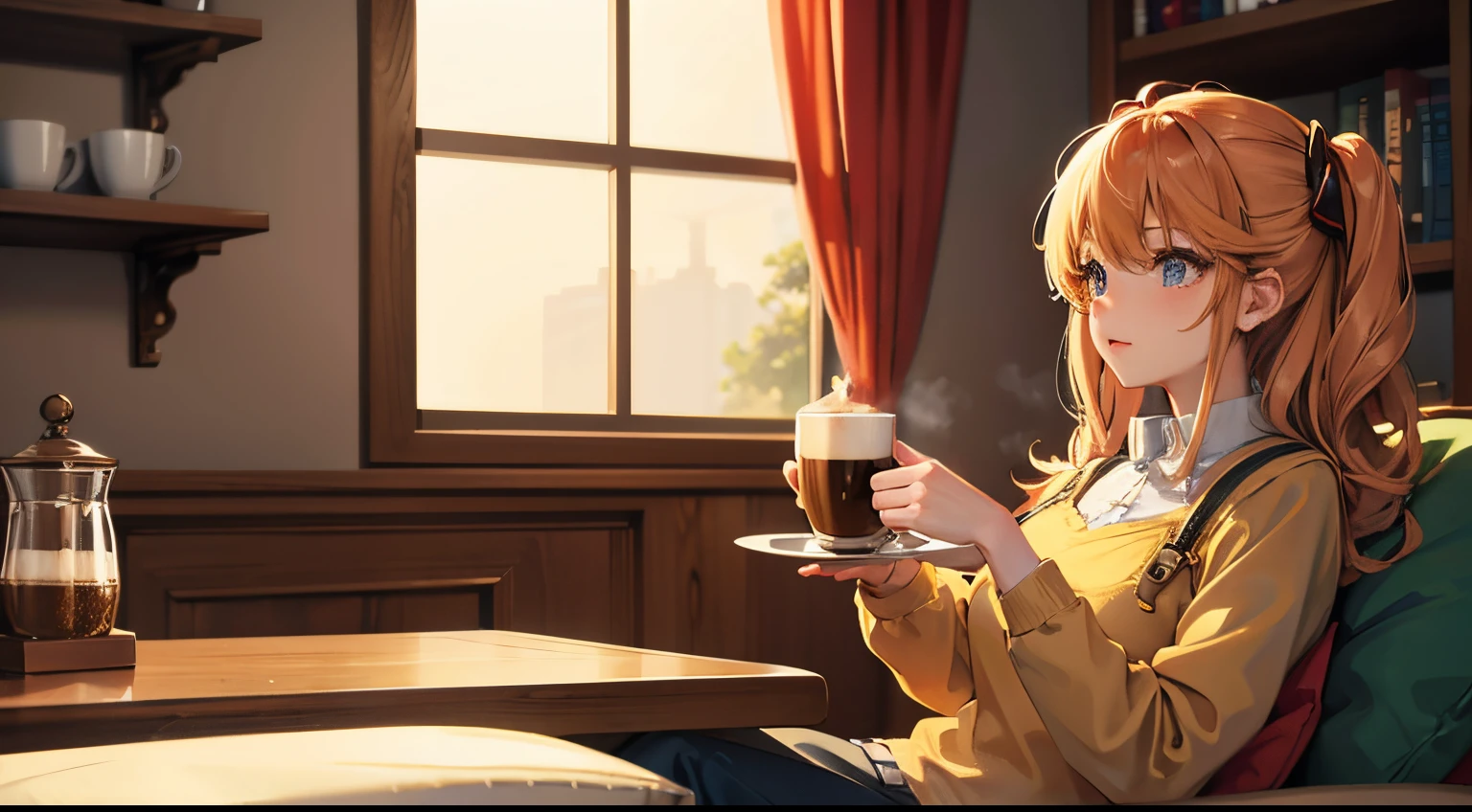 "Cozy Coffee Vibes": Anime girl and A cup of coffee on a saucer surrounded by warm, inviting colors.