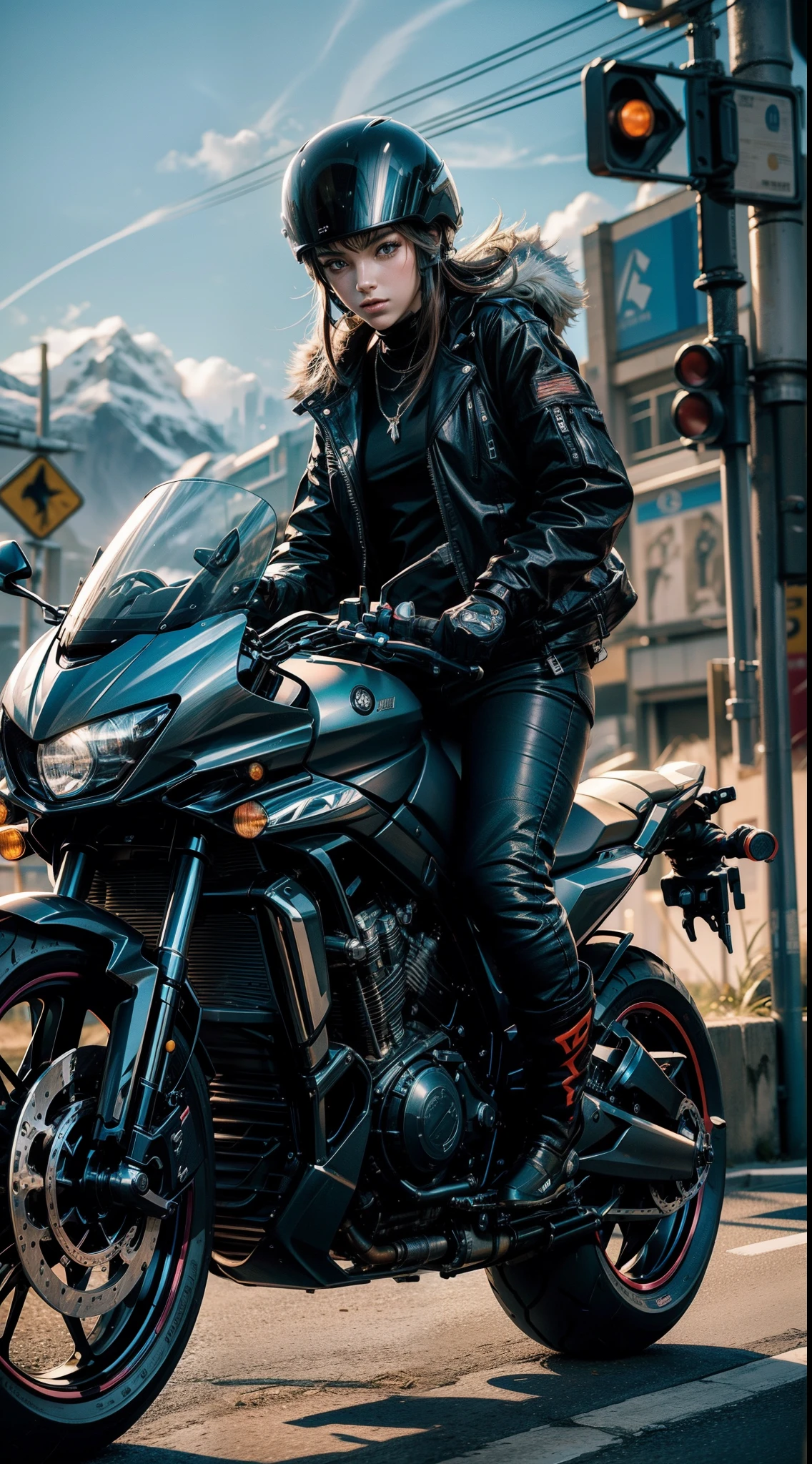 Cyberpunk, Super Racing Neon Effect showing cleveage Racing Moto de course, sur la route roule rapidement, with motorcycle helmet on the head, Landscape passing by at high speed, Voyage Road Trip Route 69, Une belle fille avec, UHD Portrait, (High quality) (ultra details) Regarder le spectateur en tenue de ville de style hip-hop; different, colourfull, cheveux longs 🌈