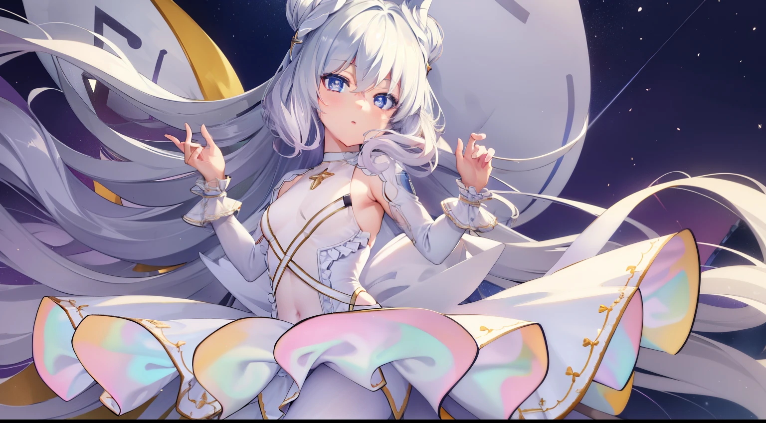(masterpiece:1.2), best quality,(((beautiful))), (((hands open)))high resolution, (illustration:0.8), (beautiful detailed eyes:1.6), extremely detailed face, perfect lighting, extremely detailed CG, (((perfect hands, perfect anatomy))), BREAK le malin azur lane, le malin, eyes symbol-shaped pupils, double bun, blue eyes, very long hair, hair bun, bow,white hair, sidelocks, blue hair ribbon, ribbon, BREAK white _dress, angel_wings, white_legwear, long sleeves, white dress, pleated dress, thighband pantyhose, BREAK garden, BREAK looking at viewer, (cowboy shot:1.5),
