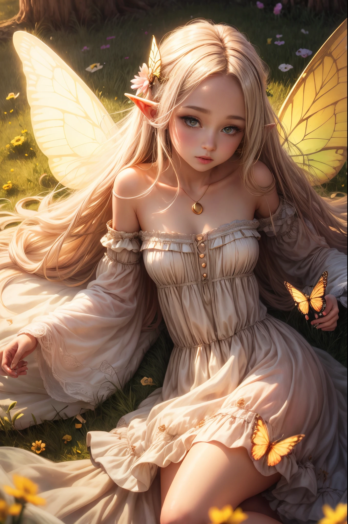 "((Innocent)) Elf girl, golden hour, dreamy meadow, ethereal, whimsical, flowing dress, soft sunlight, enchanting, butterfly wings, (pastel clouds), liquid reflections,frieren