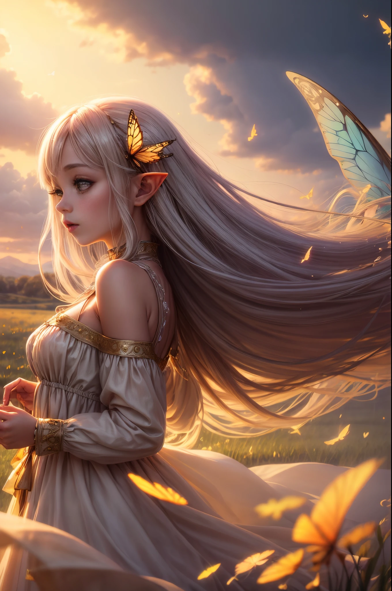 "((Innocent)) Elf girl, golden hour, dreamy meadow, ethereal, whimsical, flowing dress, soft sunlight, enchanting, butterfly wings, (pastel clouds), liquid reflections,frieren