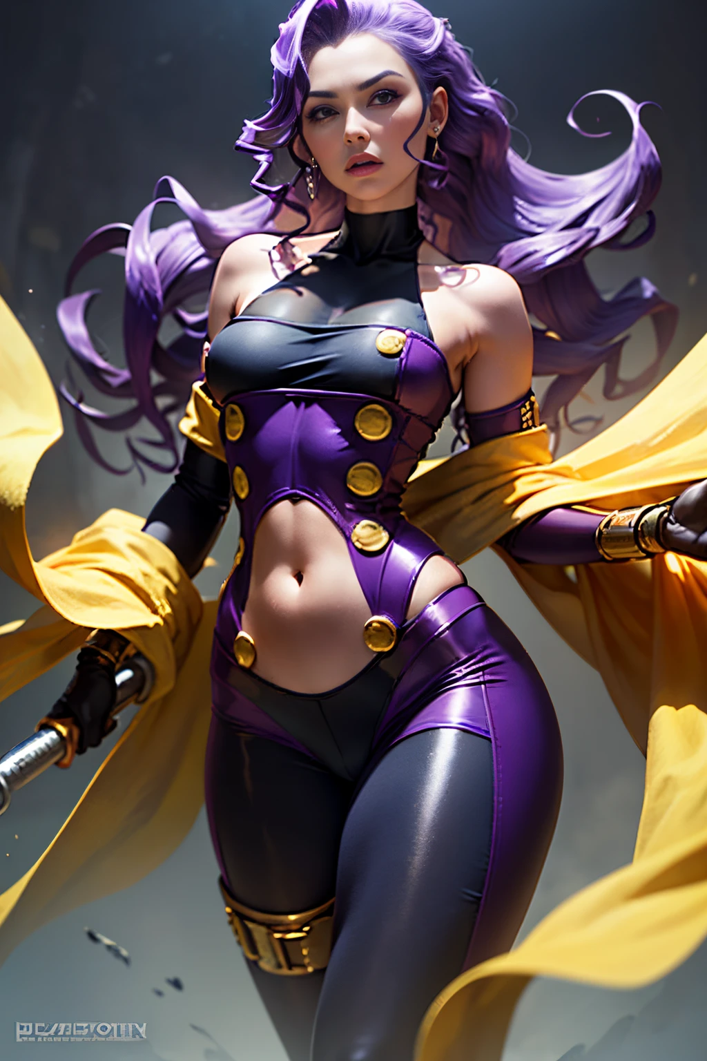 Masterpiece, ultra detailed, best quality, 8k, !(Rose is a woman with long purple hair, who uses a scarf of the same color as a weapon. His clothing consists of a dark blue suit with gold details, which exposes his navel and legs. She also wears white gloves, black stockings and red high heels. His appearance is elegant and mysterious, and reflects his psychic power called Soul Power)