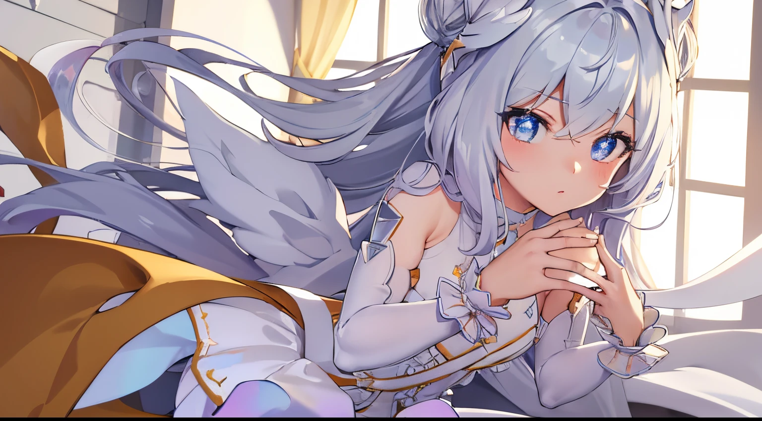 (masterpiece:1.2), best quality,(((beautiful))), HD,high resolution, (illustration:0.8), (beautiful detailed eyes:1.6), extremely detailed face, perfect lighting, extremely detailed CG, (((perfect hands, perfect anatomy))), BREAK le malin azur lane, le malin, eyes symbol-shaped pupils, double bun, blue eyes, very long hair, hair bun, bow,white hair, sidelocks, blue hair ribbon, ribbon, BREAK white _dress, angel_wings, white_legwear, long sleeves, white dress, pleated dress, thighband pantyhose, BREAK garden, BREAK looking at viewer, (cowboy shot:1.5),