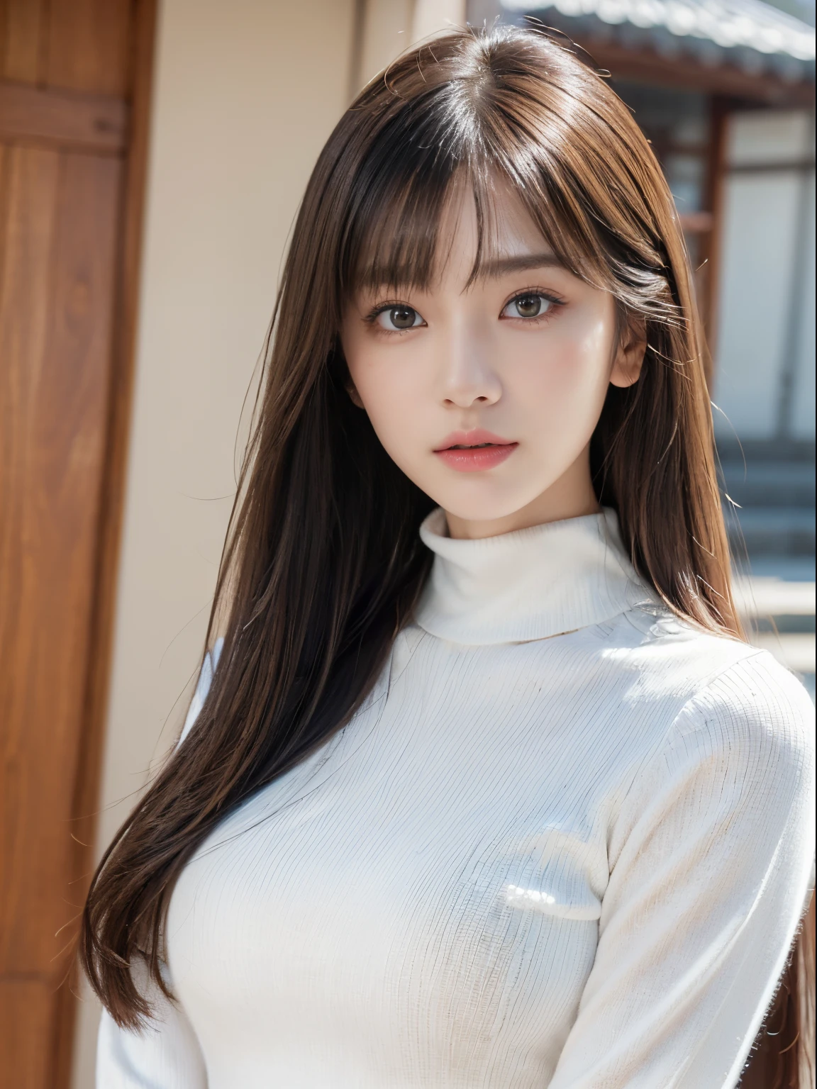 (Raw photography)、(Photorealsitic)、(masterpiece)、(top-quality)、超A high resolution、(Eye of Detail)、(A detailed face)、(Detailed clothing)、nffsw、
Beautiful Japan Woman、age19
(length hair、bangss、hair messy、oblique bangs)、
shinny skin、
turtle neck、
smil、
(upperbody shot:1.2)、