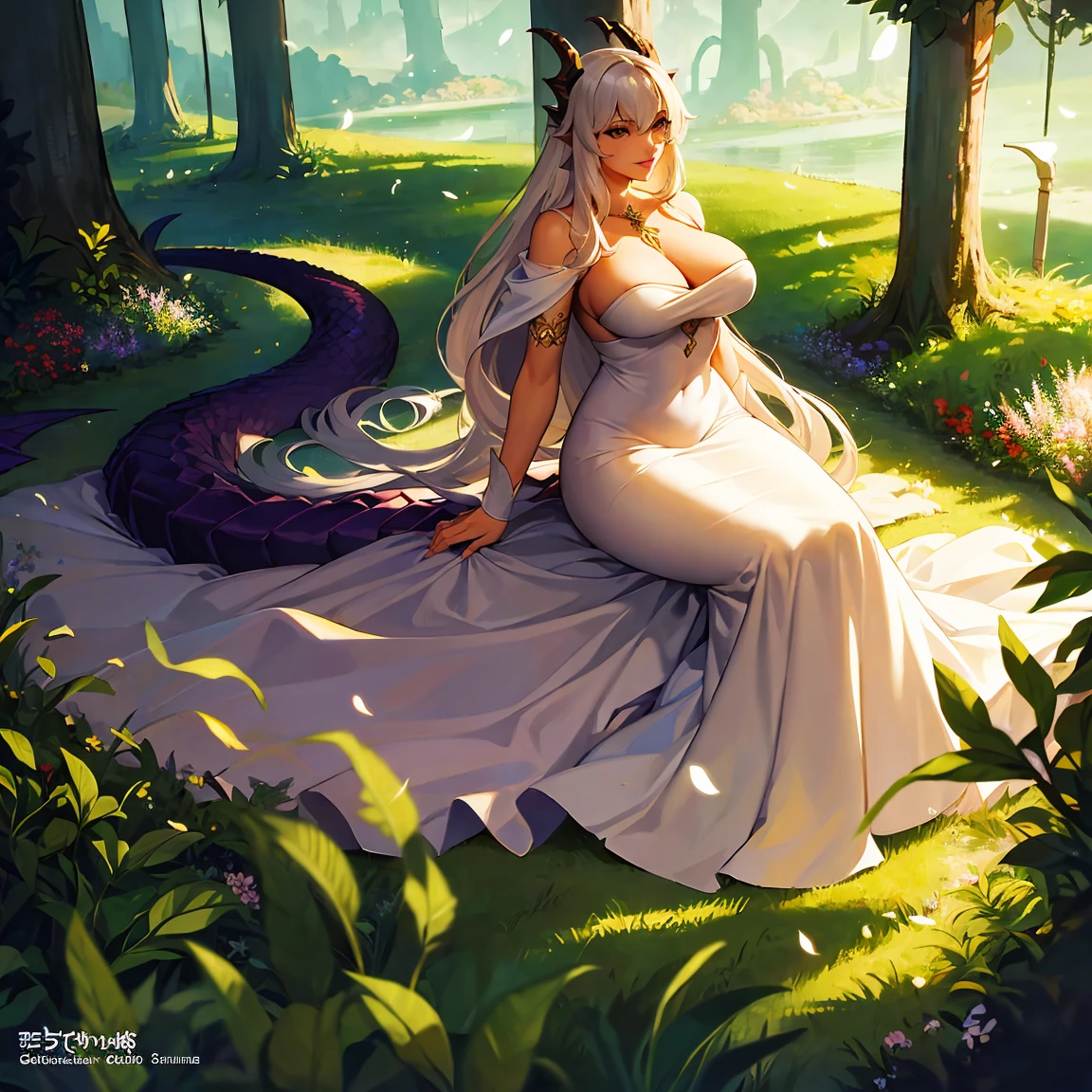 (best quality, Altas), dragon girl in a long dress, sedutor e maduro. Ela tem um olhar cativante e lindos olhos detalhados. Her lips are also detailed and attractive. Dragon scales cover its body, brilhando com uma cor vibrante. Seus longos cabelos fluem graciosamente, increasing your charming appearance. O vestido elegante e fluido, acentuando suas curvas. O fundo definido em uma longa trilha, surrounded by lush greenery and flowers. Lighting highlights your features, creating a dramatic and striking atmosphere.