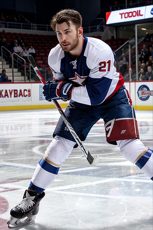 chris evans is a ice hockey player, muscular body, he is in an ice rink