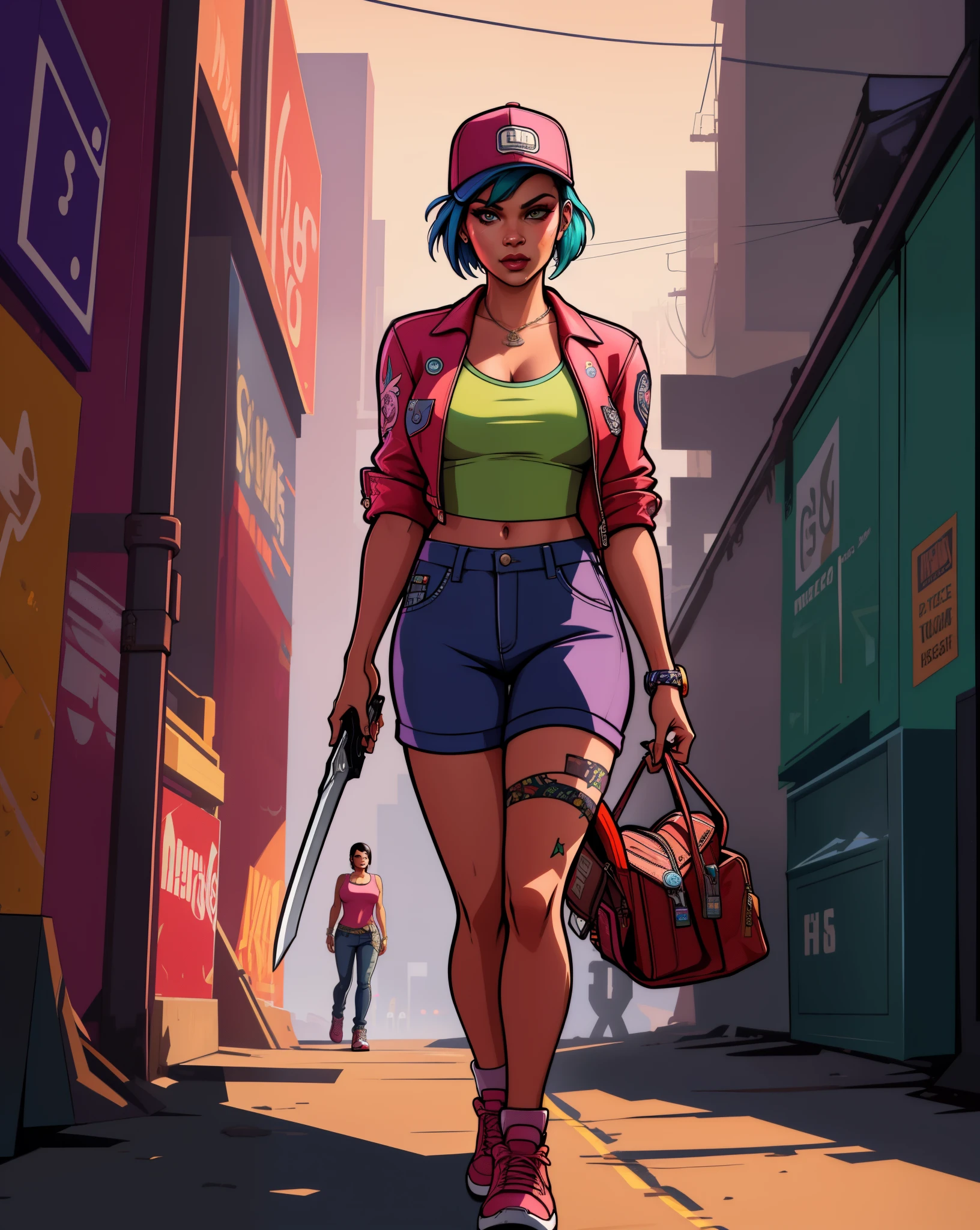 comic character, A female character wielding a machete in one hand and a severed otaku's head on the other hand, in a neon-lit environment. Rendered in the iconic GTA 5 style with high-resolution details and vibrant colors. The image captures the gritty realism and futuristic aesthetic of the game, with a focus on the woman's strong character and determination. intricate details, sharp focus, dramatic lighting, vibrant colors, realistic style, GTAV style