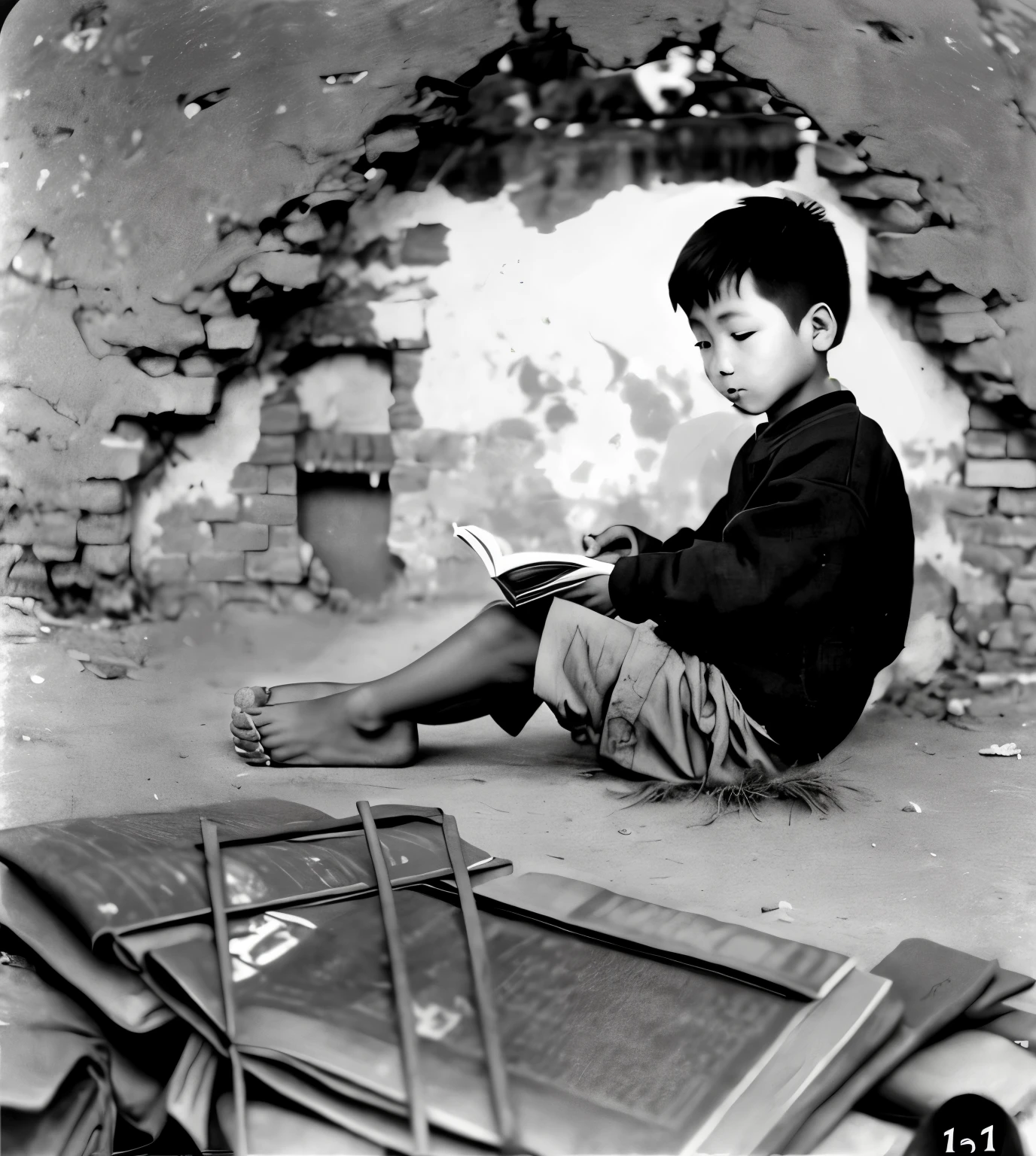 Feet without shoes,Ragged beggar boy wearing shorts sitting on the ground reading a book, Boy sitting on the floor reading a book,