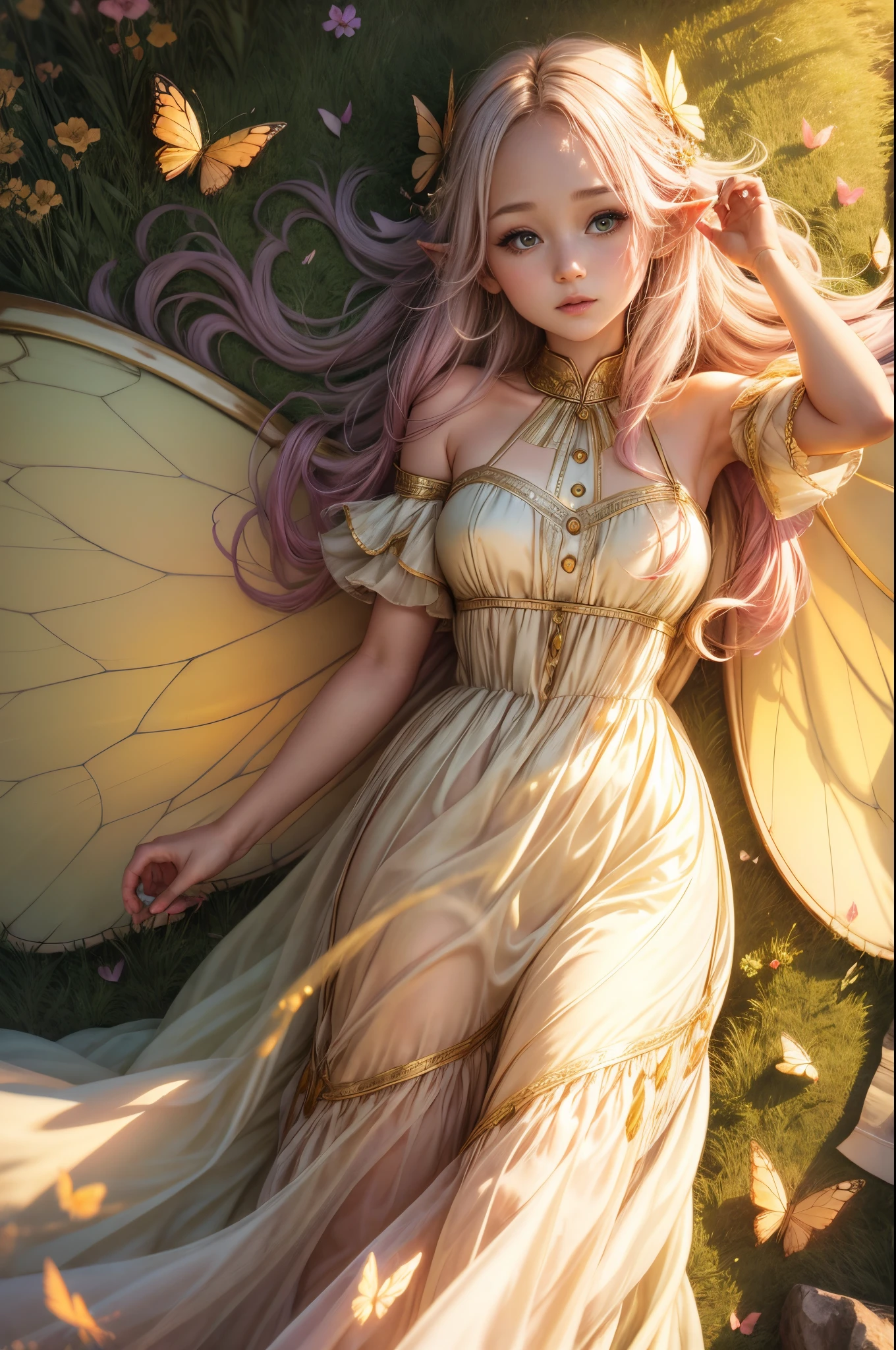 "((Innocent)) Elf girl, golden hour, dreamy meadow, ethereal, whimsical, flowing dress, soft sunlight, enchanting, butterfly wings, (pastel clouds), liquid reflections,frieren