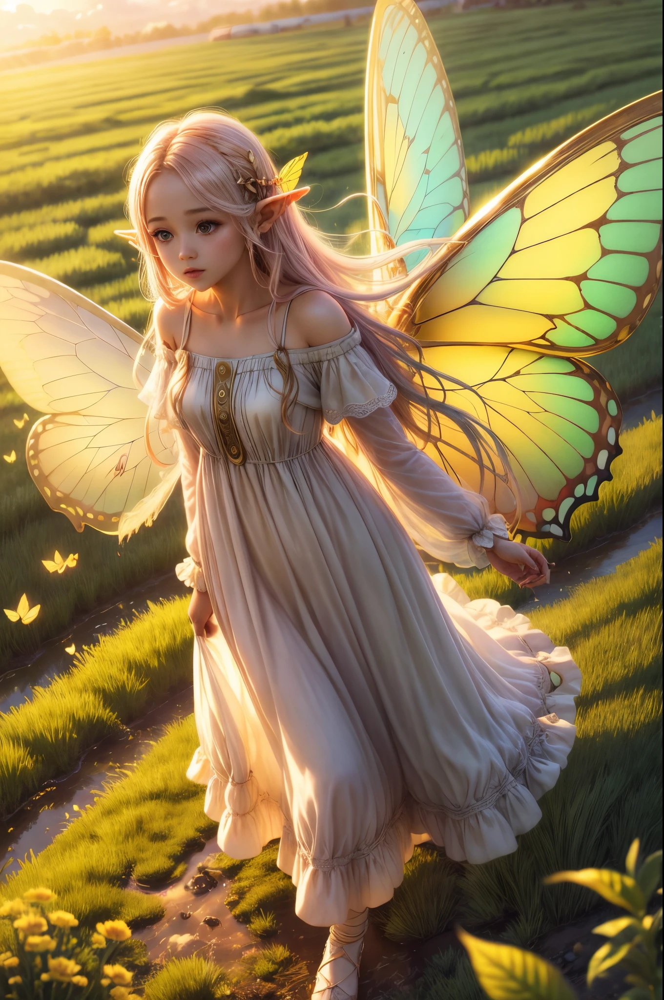 "((Innocent)) Elf girl, golden hour, dreamy meadow, ethereal, whimsical, flowing dress, soft sunlight, enchanting, butterfly wings, (pastel clouds), liquid reflections,frieren