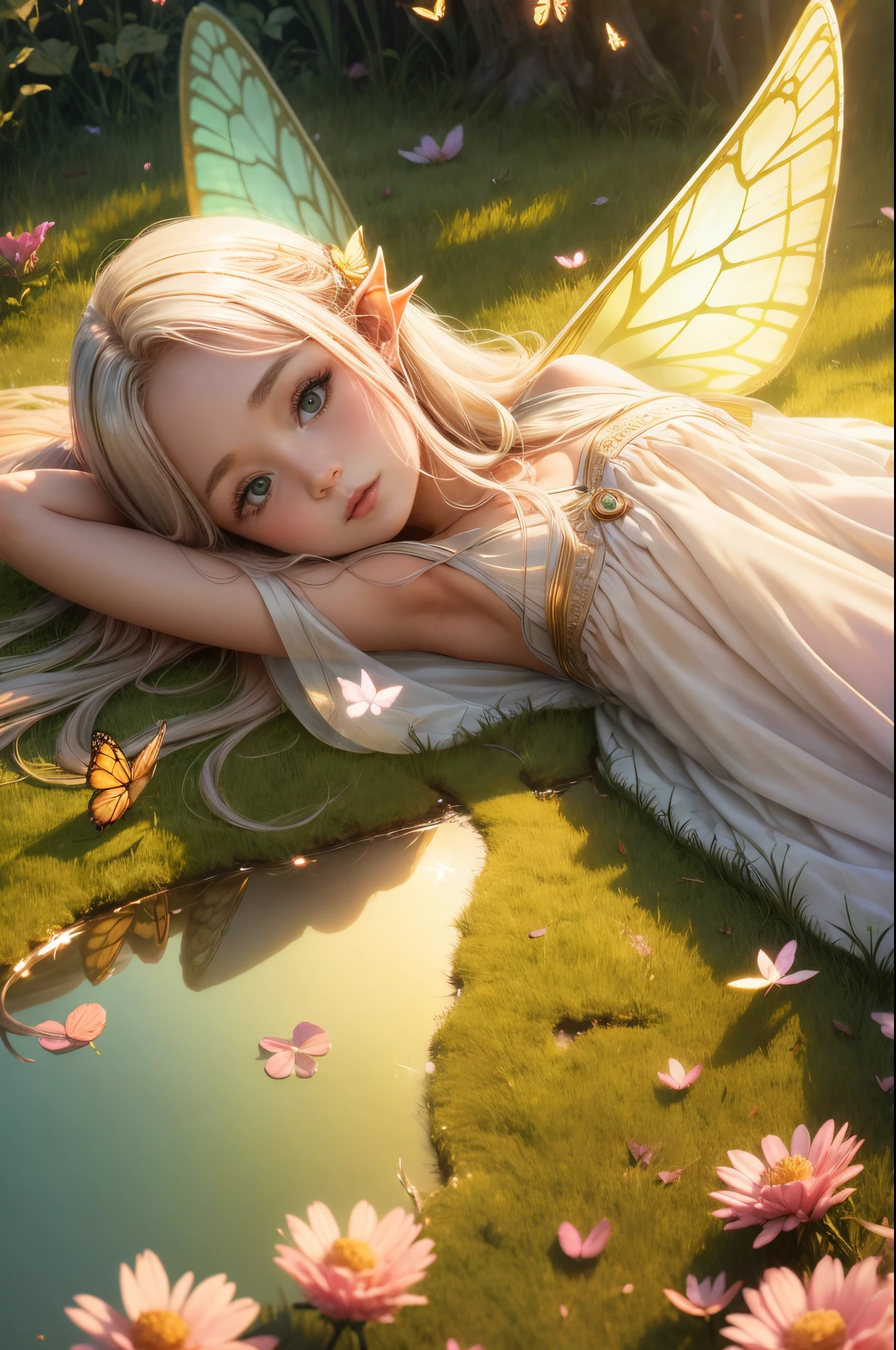 "((Innocent)) Elf girl, golden hour, dreamy meadow, ethereal, whimsical, flowing dress, soft sunlight, enchanting, butterfly wings, (pastel clouds), liquid reflections,frieren