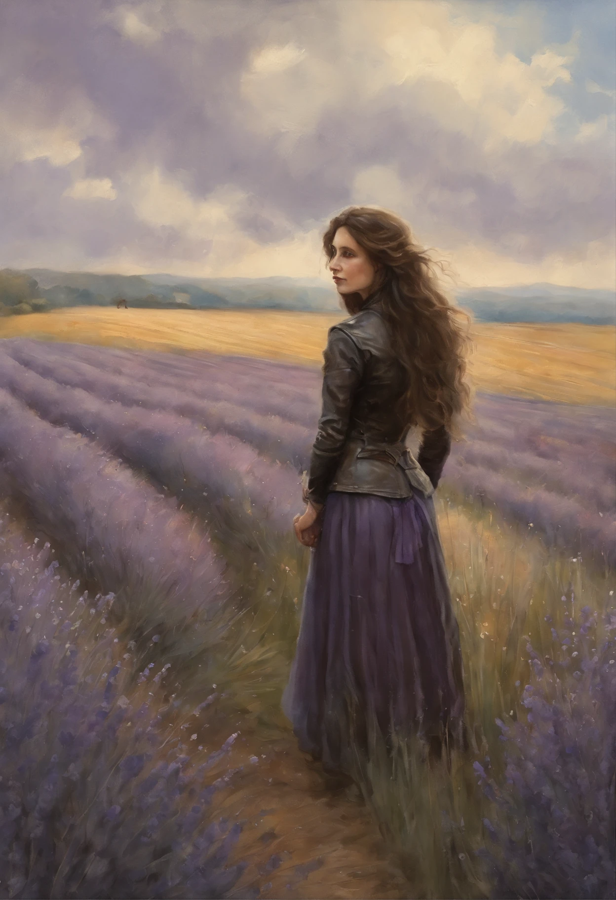 真实感, dark fantasy style, John Tolkien style, Small painting by Jean-Baptiste Monge, soft facial features woman smiling broadly, mischievous character, Rocker Girl, looking at away, Long wavy dark hair, hair blowing in wind, stands in the center of a lavender field, In a short dark leather jacket....., Jeans, predatory nature, Standing next to a bicycle, rainbow in the sky, Lavender field, lavender chips, the wind, Jean-Baptiste Monge, anthropomorphic --ar 2:3 --testp -optimistic;