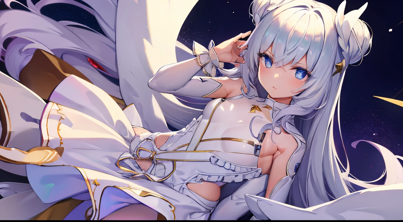 (masterpiece:1.2), best quality,(((beautiful))), HD,high resolution, (illustration:0.8), (beautiful detailed eyes:1.6), extremely detailed face, perfect lighting, extremely detailed CG, (((perfect hands, perfect anatomy))), BREAK le malin azur lane, le malin, eyes symbol-shaped pupils, double bun, blue eyes, very long hair, hair bun, bow,white hair, sidelocks, blue hair ribbon, ribbon, BREAK white _dress, angel_wings, white_legwear, long sleeves, white dress, pleated dress, thighband pantyhose, BREAK garden, BREAK looking at viewer, (cowboy shot:1.5),