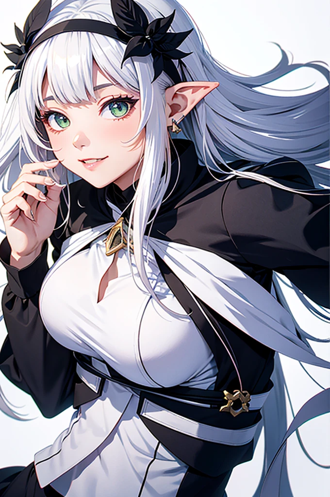 1girl, {{{frieren,o3o }}}, sousou no frieren, tone, shadow, hidari_(left_side), wada arco, hiro_(dismaless), shirabi, dynamic angle, kiss, blowing kiss, earrings, elf, green eyes, jewelry, long hair, looking at viewer, pointy ears, smile, twintails, upper body, white hair, white background, best quality, amazing quality, very aesthetic, absurdres
