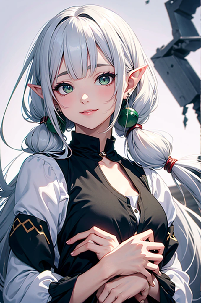1girl, {{{frieren,o3o }}}, sousou no frieren, tone, shadow, hidari_(left_side), wada arco, hiro_(dismaless), shirabi, dynamic angle, kiss, blowing kiss, earrings, elf, green eyes, jewelry, long hair, looking at viewer, pointy ears, smile, twintails, upper body, white hair, white background, best quality, amazing quality, very aesthetic, absurdres