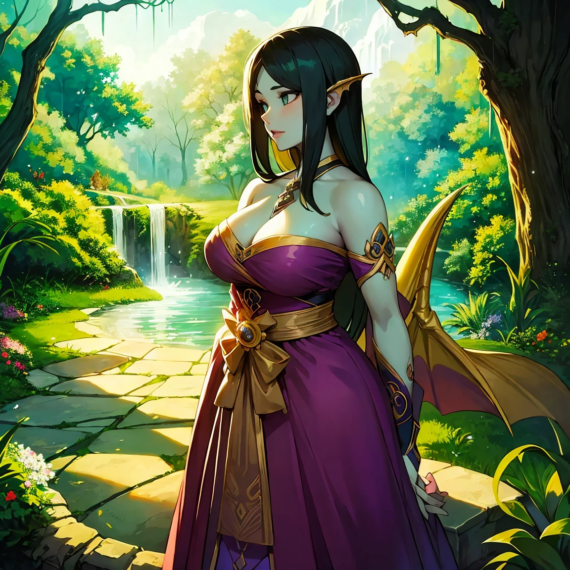 (best quality, Alto), dragon girl in a long dress, sedutor e maduro. Ela tem um olhar cativante e lindos olhos detalhados. Her lips are also detailed and attractive. Dragon scales cover your body, brilhando com uma cor vibrante. Seus longos cabelos fluem graciosamente, increasing your charming appearance. O vestido elegante e fluido, acentuando suas curvas. O fundo definido em uma longa trilha, Surrounded by lush greenery and flowers. Lighting highlights your features, creating a dramatic and striking atmosphere. Rainha , rainha sexy