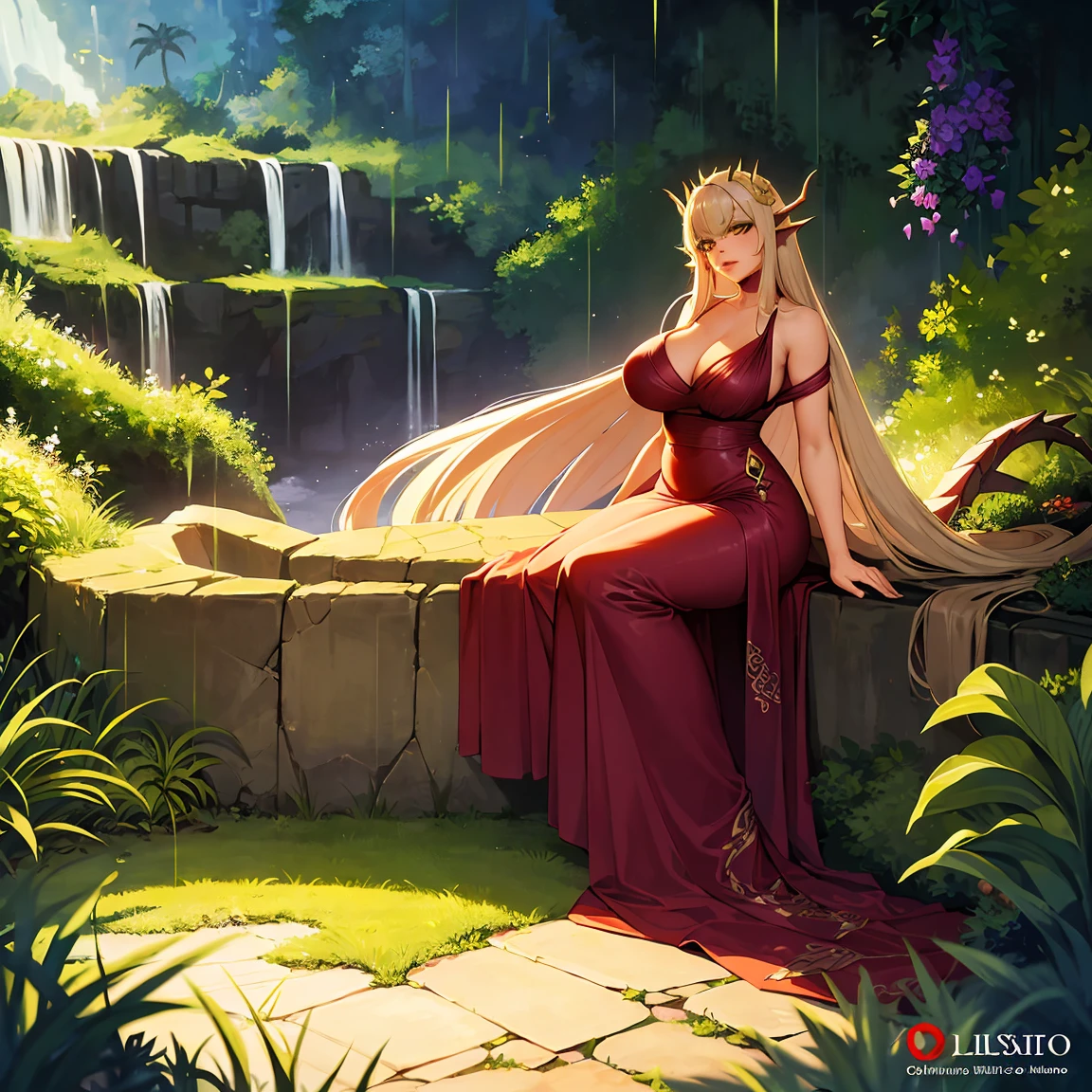 (best quality, Alto), dragon girl in a long dress, sedutor e maduro. Ela tem um olhar cativante e lindos olhos detalhados. Her lips are also detailed and attractive. Dragon scales cover your body, brilhando com uma cor vibrante. Seus longos cabelos fluem graciosamente, increasing your charming appearance. O vestido elegante e fluido, acentuando suas curvas. O fundo definido em uma longa trilha, Surrounded by lush greenery and flowers. Lighting highlights your features, creating a dramatic and striking atmosphere. Rainha , rainha sexy