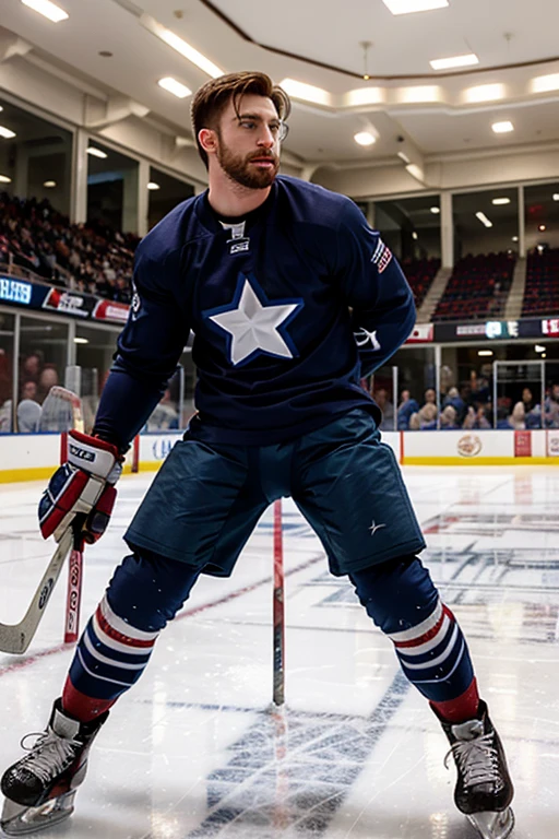 chris evans is a ice hockey player, muscular body, massive bulge, he is in an ice rink