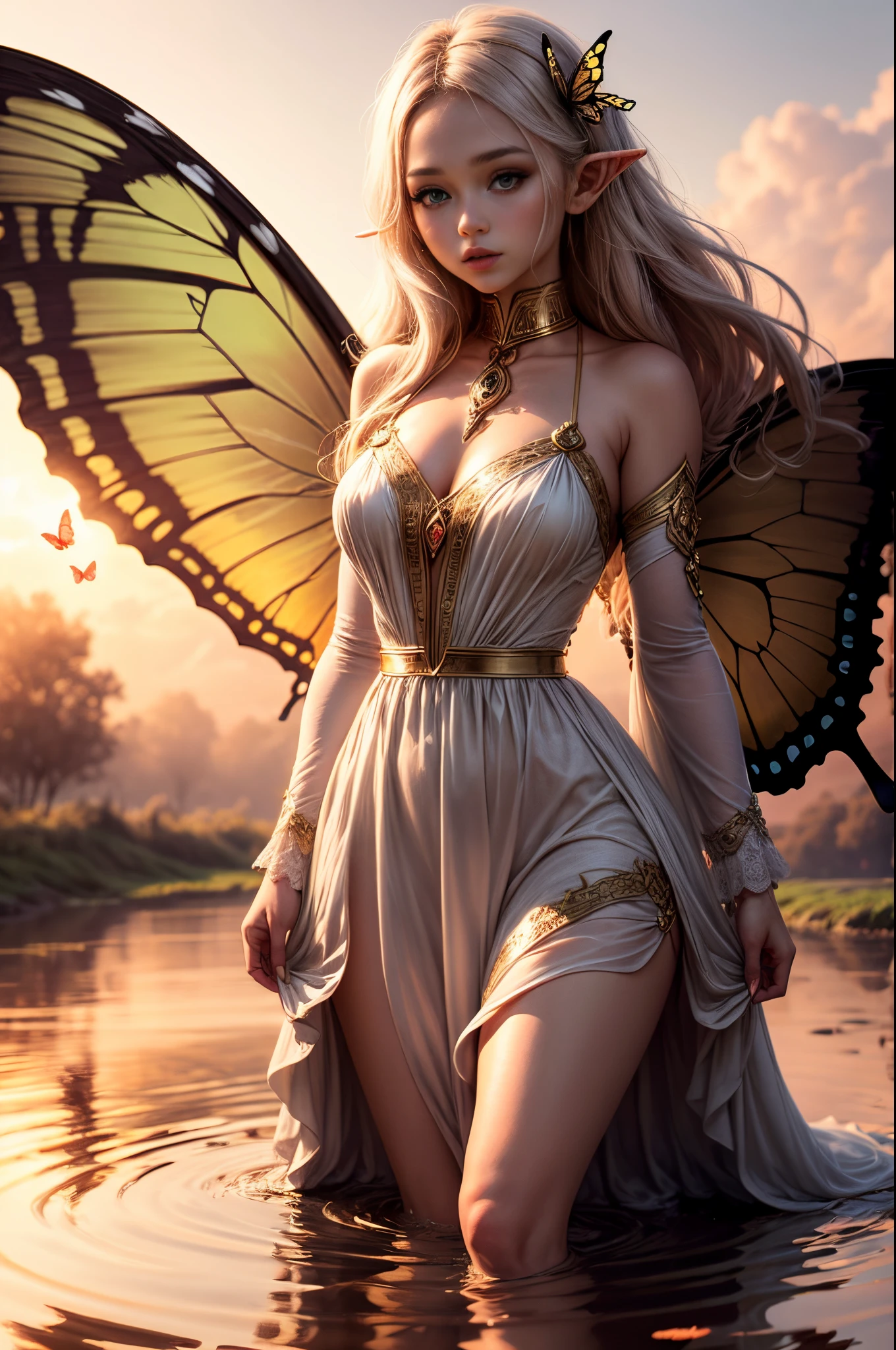 "((Innocent)) Elf girl, golden hour, dreamy meadow, ethereal, whimsical, flowing dress, soft sunlight, enchanting, butterfly wings, (pastel clouds), liquid reflections,frieren