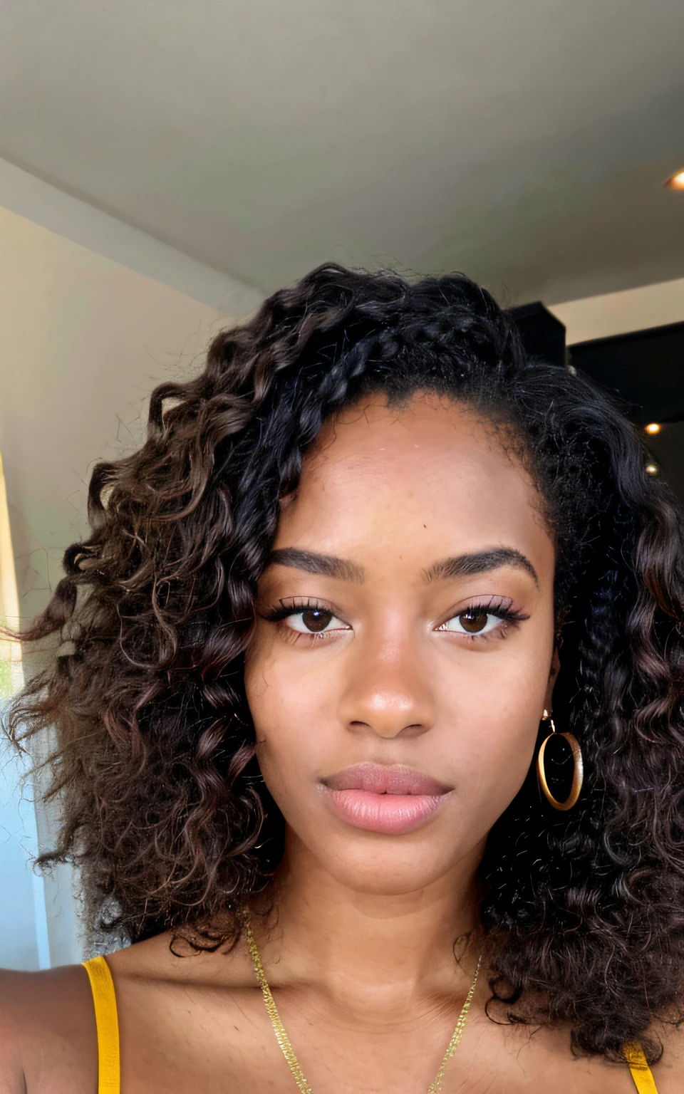 photoreallistic, Best quality, hyper detailed, A close-up of a, portrait, Looking for a spectator, Dirigez-vous droit vers la camera ,meilleure ombre ,Belle fille Afro-Américaine de remise en forme sexy, , jeune fille, yeux marron, beau visage , cheveux longs afro, oeil d'amande , full lips , cheveux, Noue au dos nez pointu
