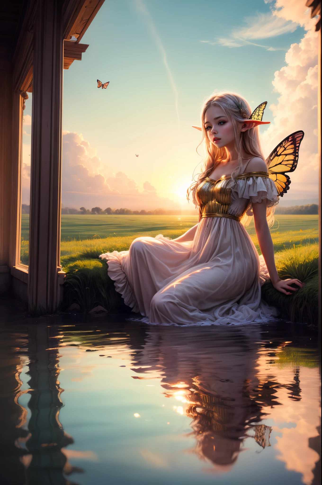 "((Innocent)) Elf girl, golden hour, dreamy meadow, ethereal, whimsical, flowing dress, soft sunlight, enchanting, butterfly wings, (pastel clouds), liquid reflections,frieren
