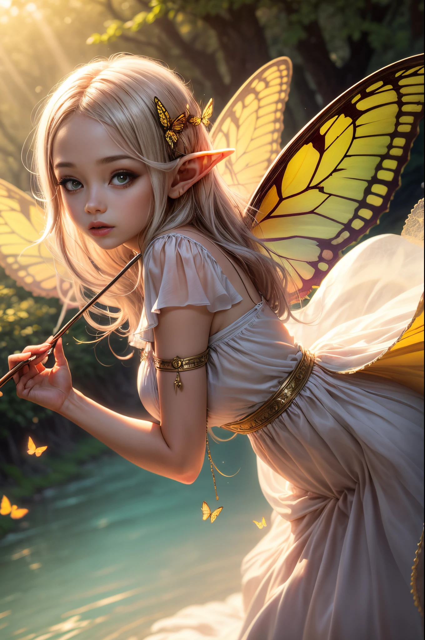 "((Innocent)) Elf girl, golden hour, dreamy meadow, ethereal, whimsical, flowing dress, soft sunlight, enchanting, butterfly wings, (pastel clouds), liquid reflections,frieren