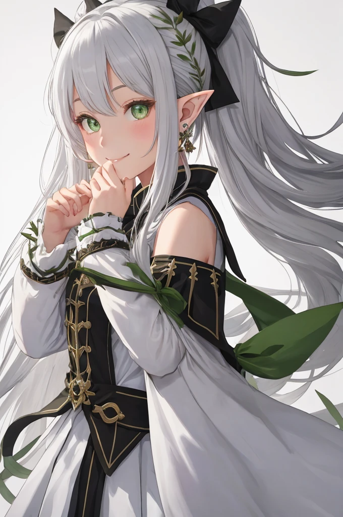 1girl, {{{frieren,o3o }}}, sousou no frieren, tone, shadow, hidari_(left_side), wada arco, hiro_(dismaless), shirabi, dynamic angle, kiss, blowing kiss, earrings, elf, green eyes, jewelry, long hair, looking at viewer, pointy ears, smile, twintails, upper body, white hair, white background, best quality, amazing quality, very aesthetic, absurdres